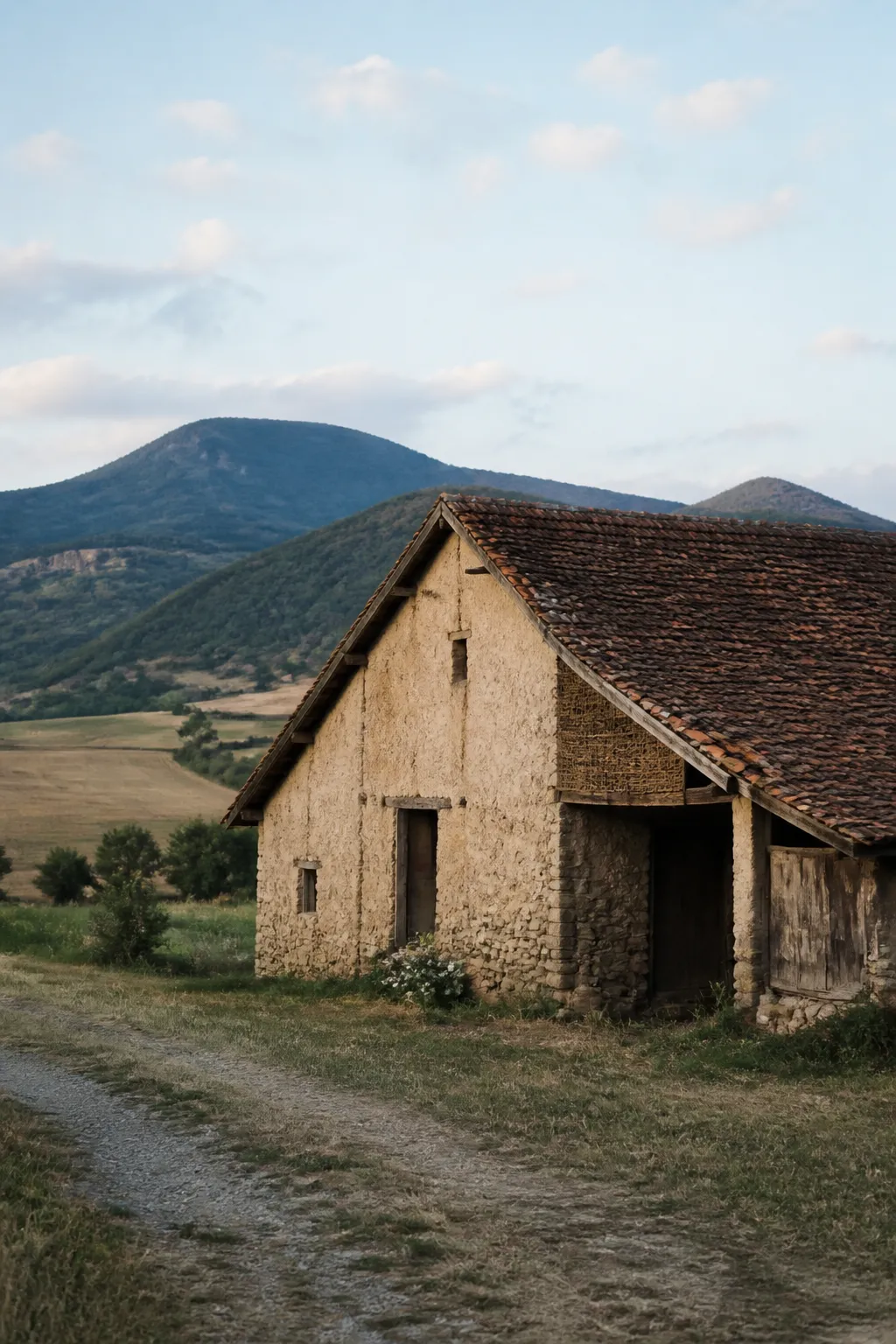 Maison rurale ancienne en terre crue dans une plaine agricole