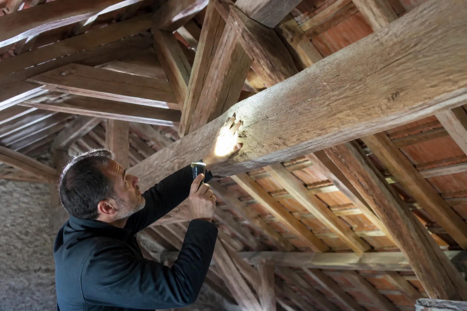 Charpente et couverture vues depuis les combles d’une maison