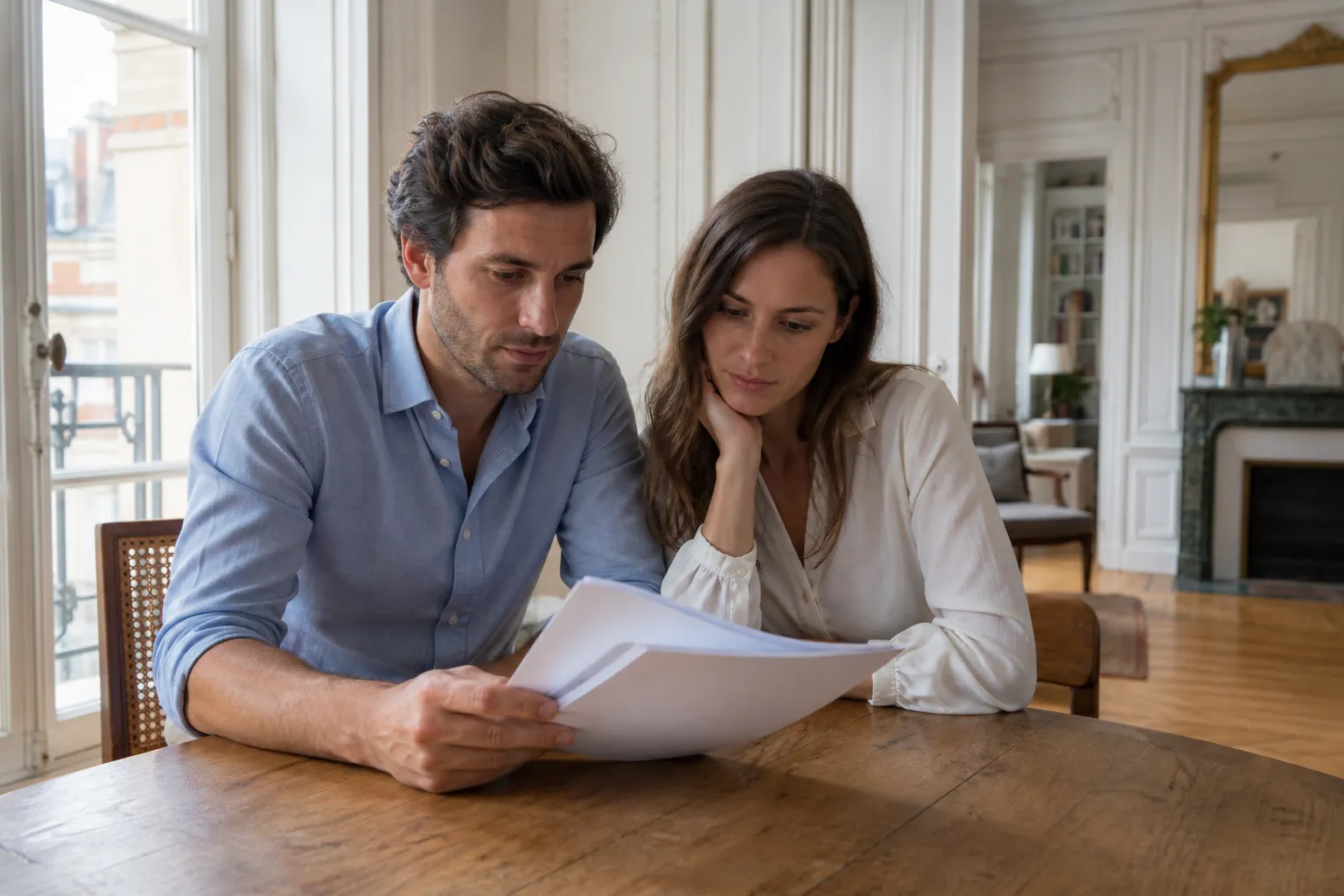 Acheteurs lisant un rapport d’expertise dans un appartement ancien