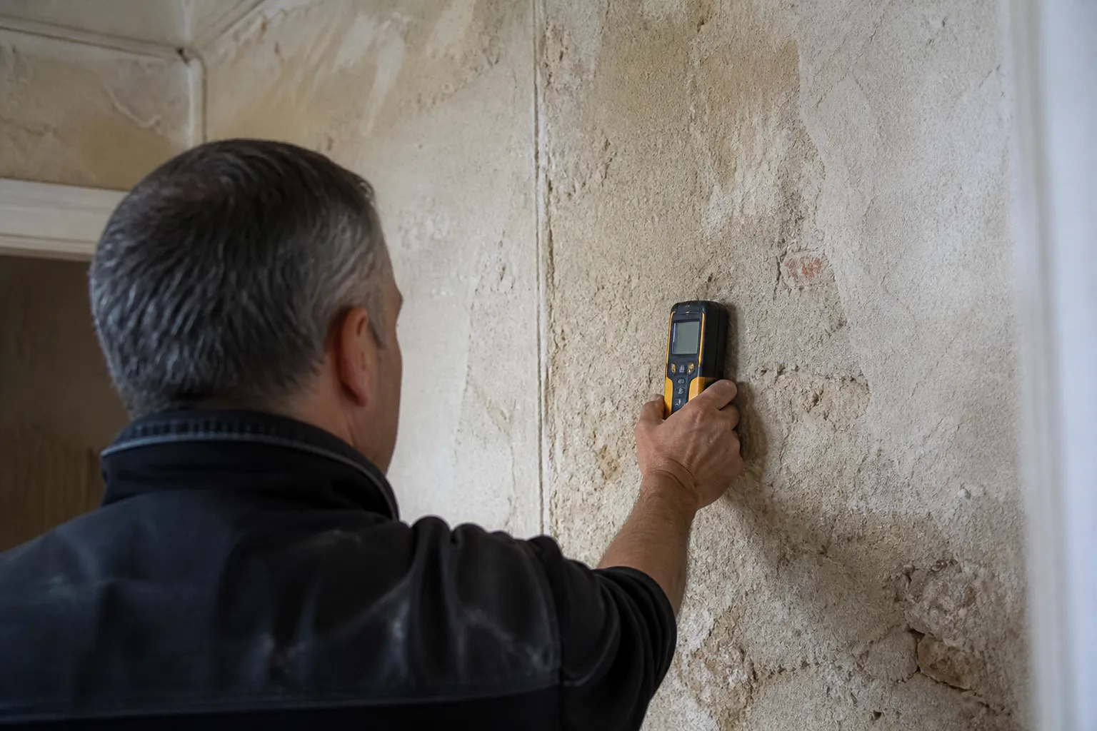Expert mesurant l’humidité d’un mur intérieur