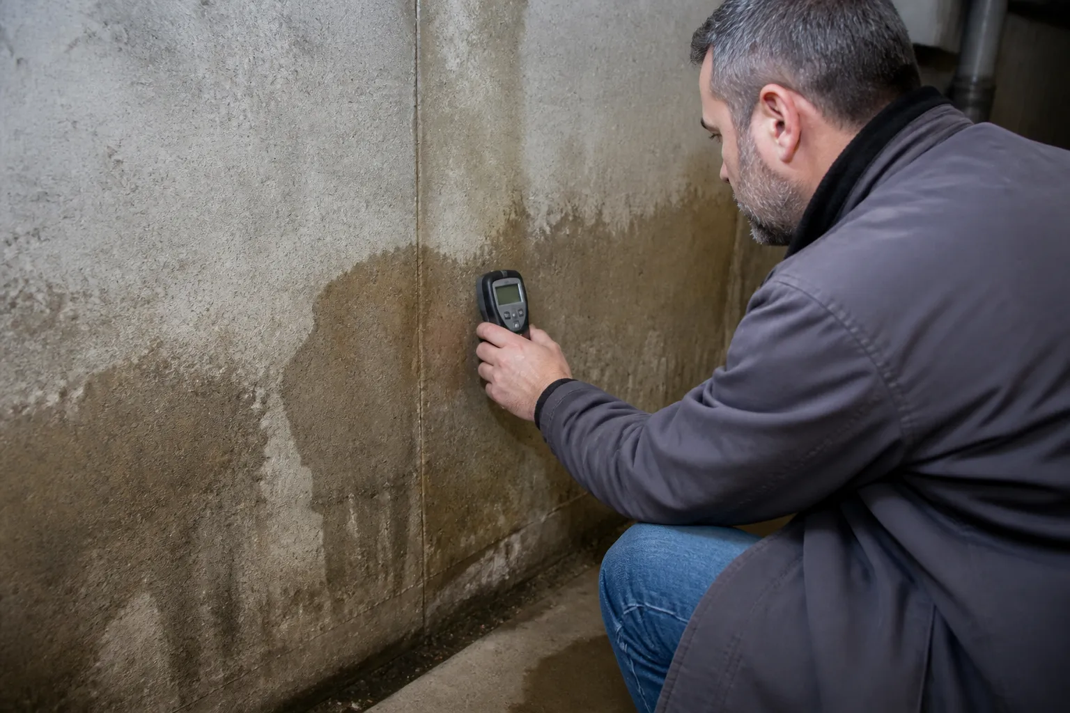 Expert mesurant l’humidité dans un sous-sol
