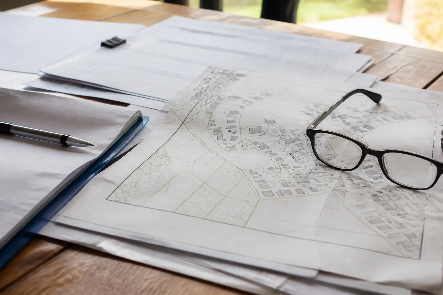 Plan cadastral et état des risques posés sur une table