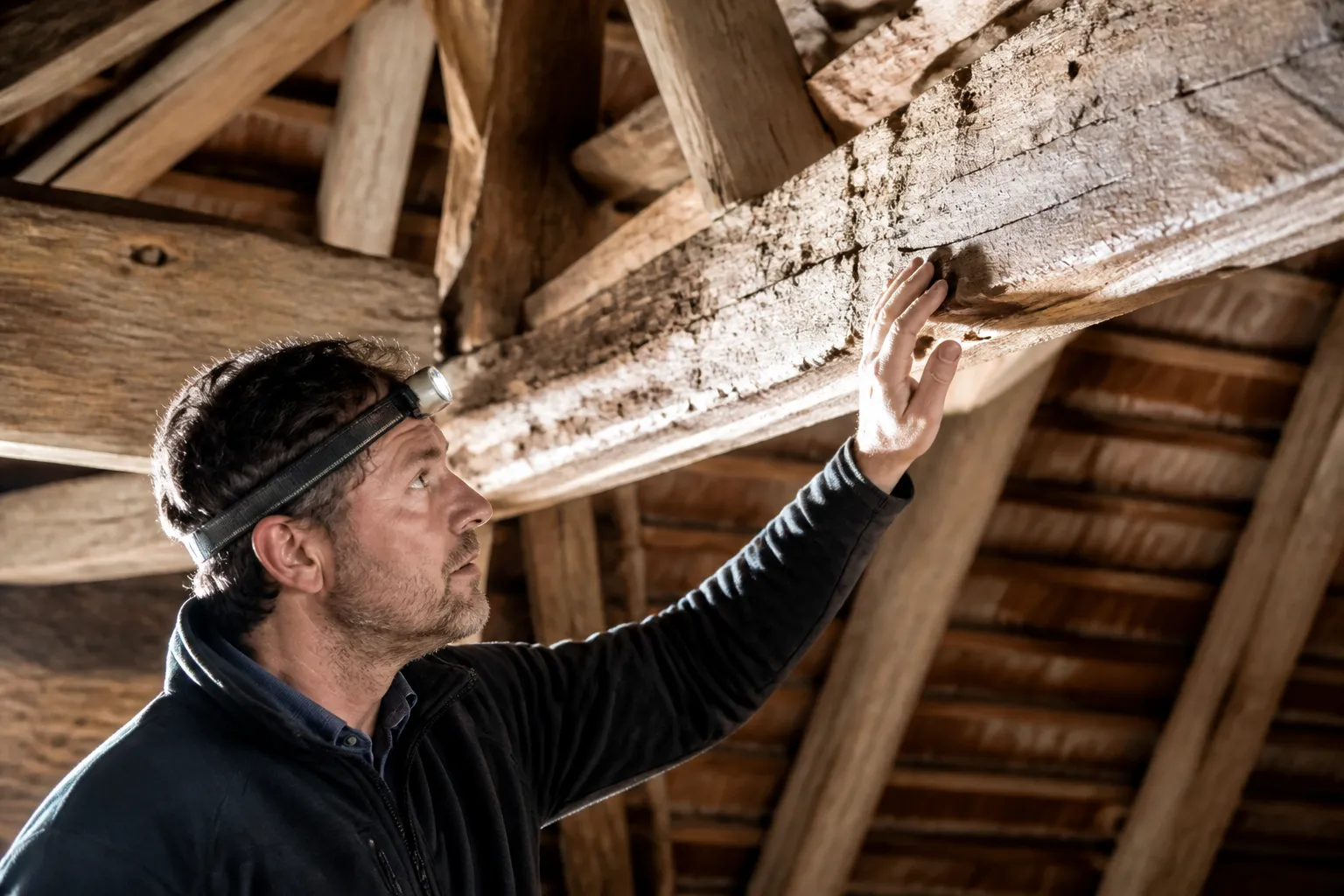 Expert inspectant une charpente en bois dans des combles