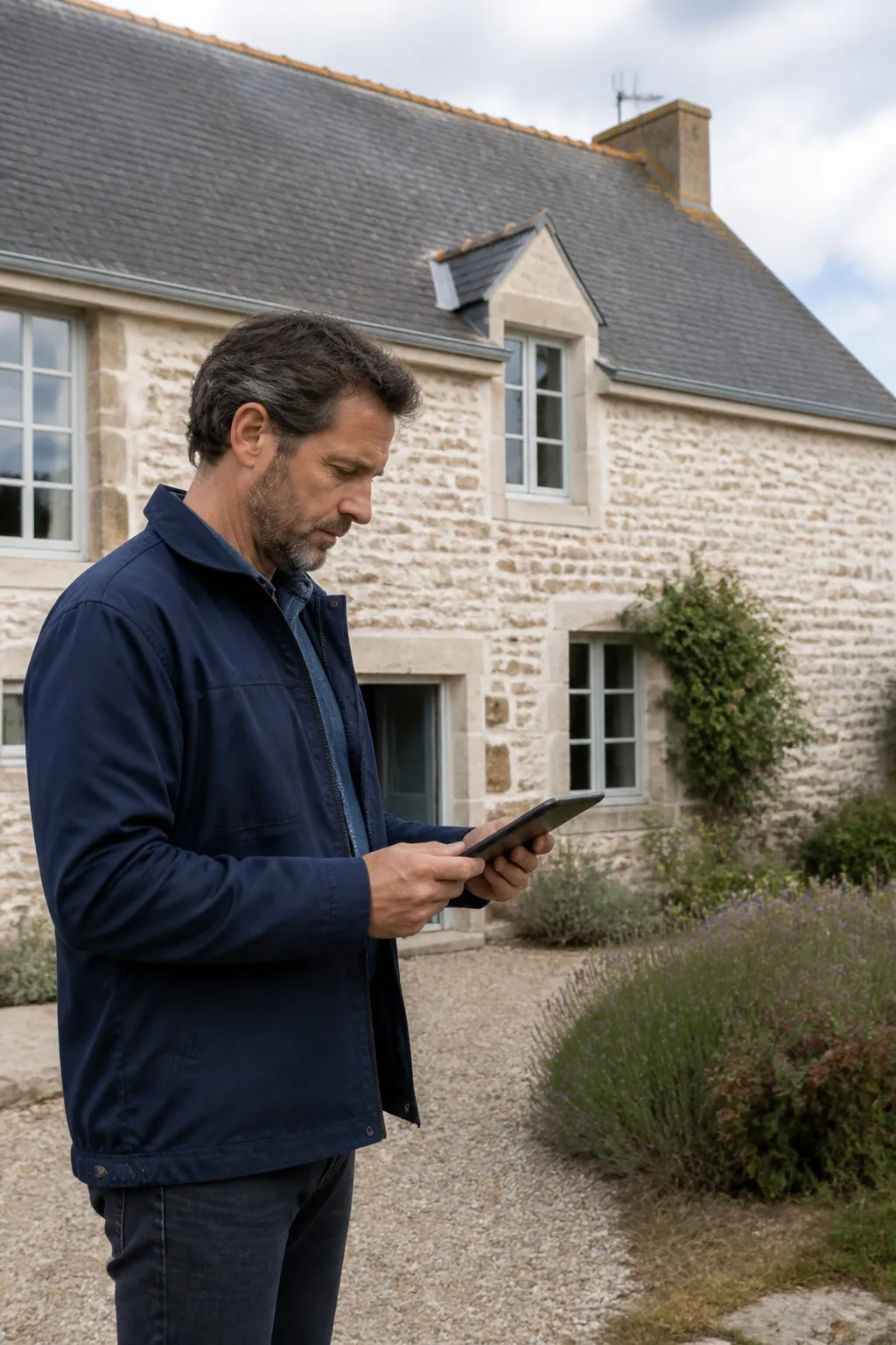 Expert en bâtiment devant une maison ancienne en Maine-et-Loire