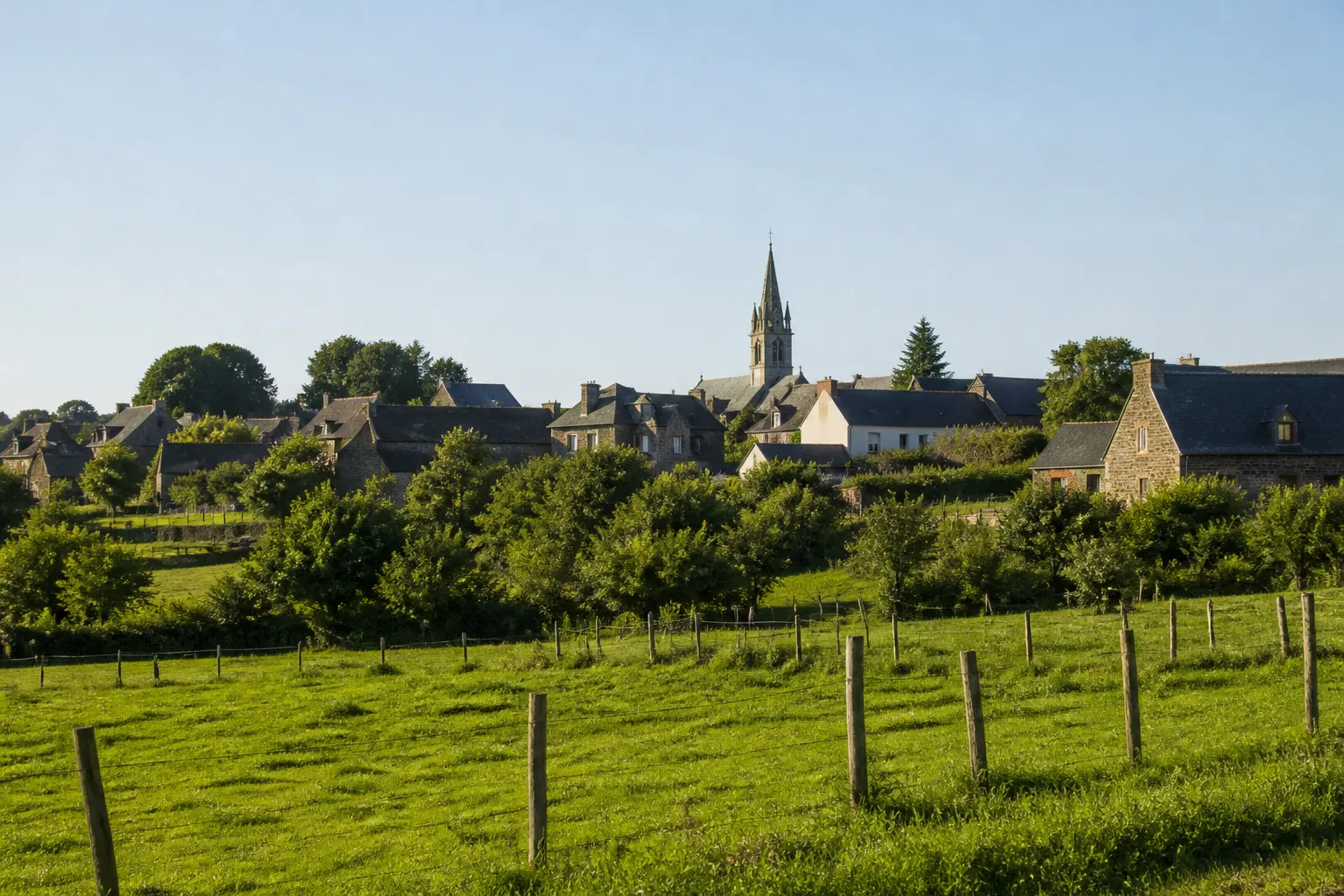 Bourg rural avec église et maisons en pierre