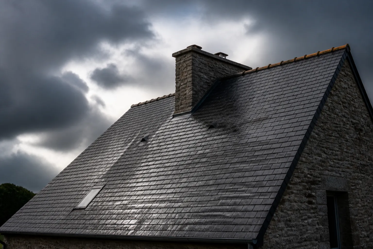 Toiture en ardoise après un orage avec ciel nuageux