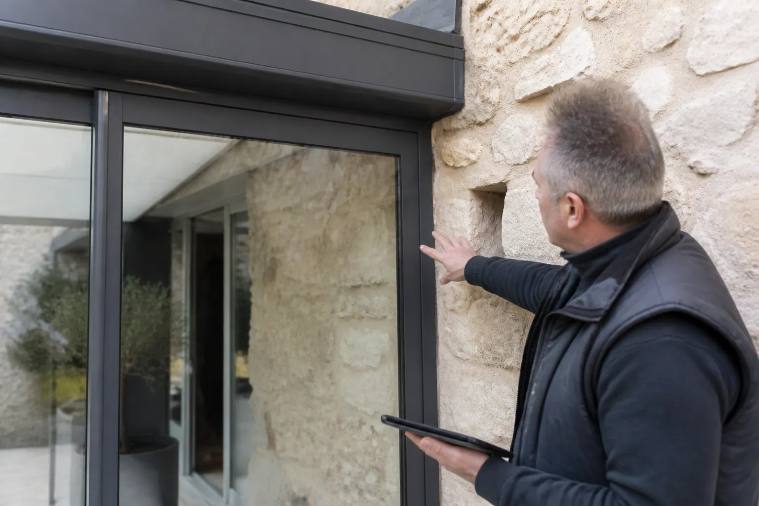 Expert inspectant une véranda accolée à une maison