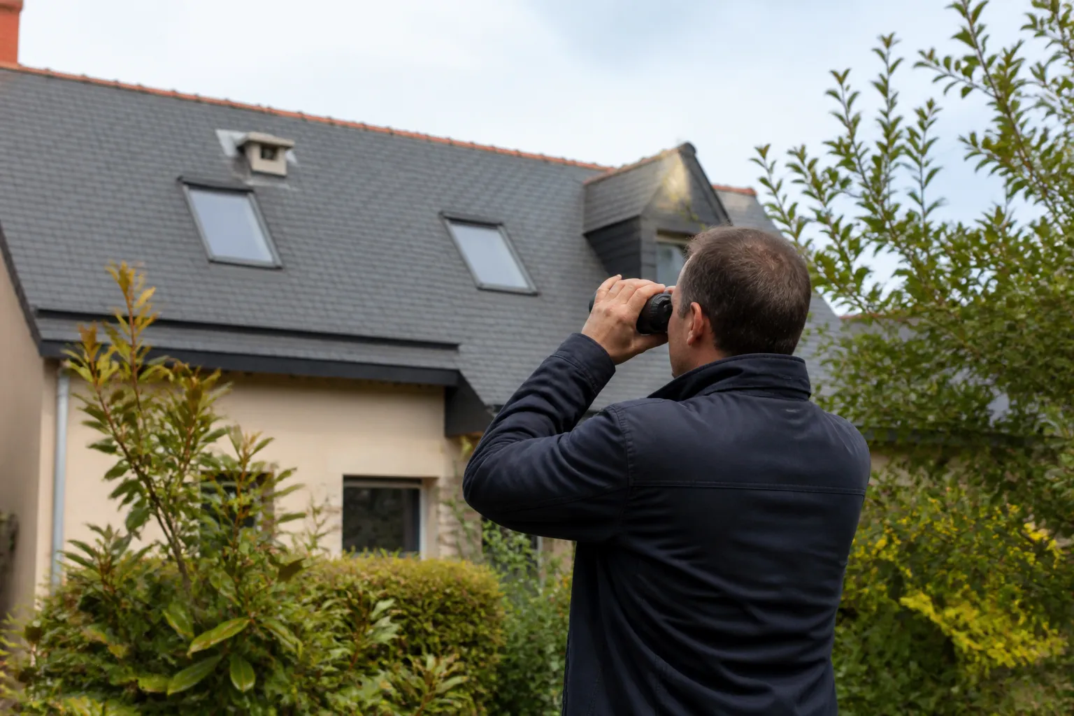 Expert en bâtiment observant une toiture depuis le jardin
