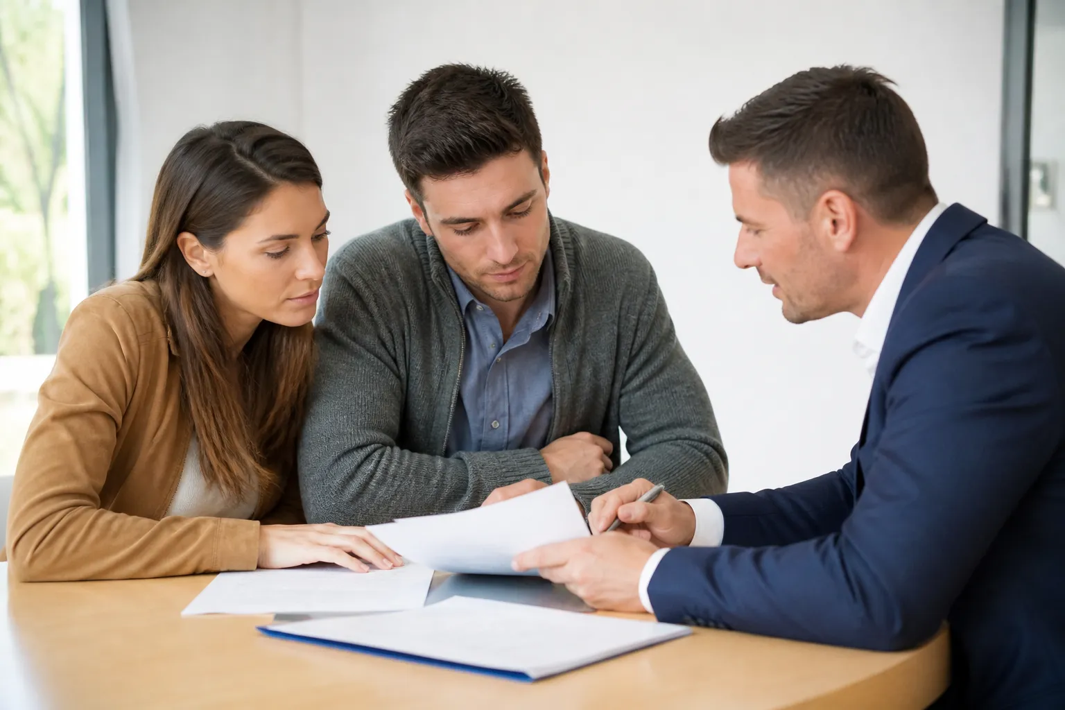 Acheteurs consultant des documents avec un conseiller