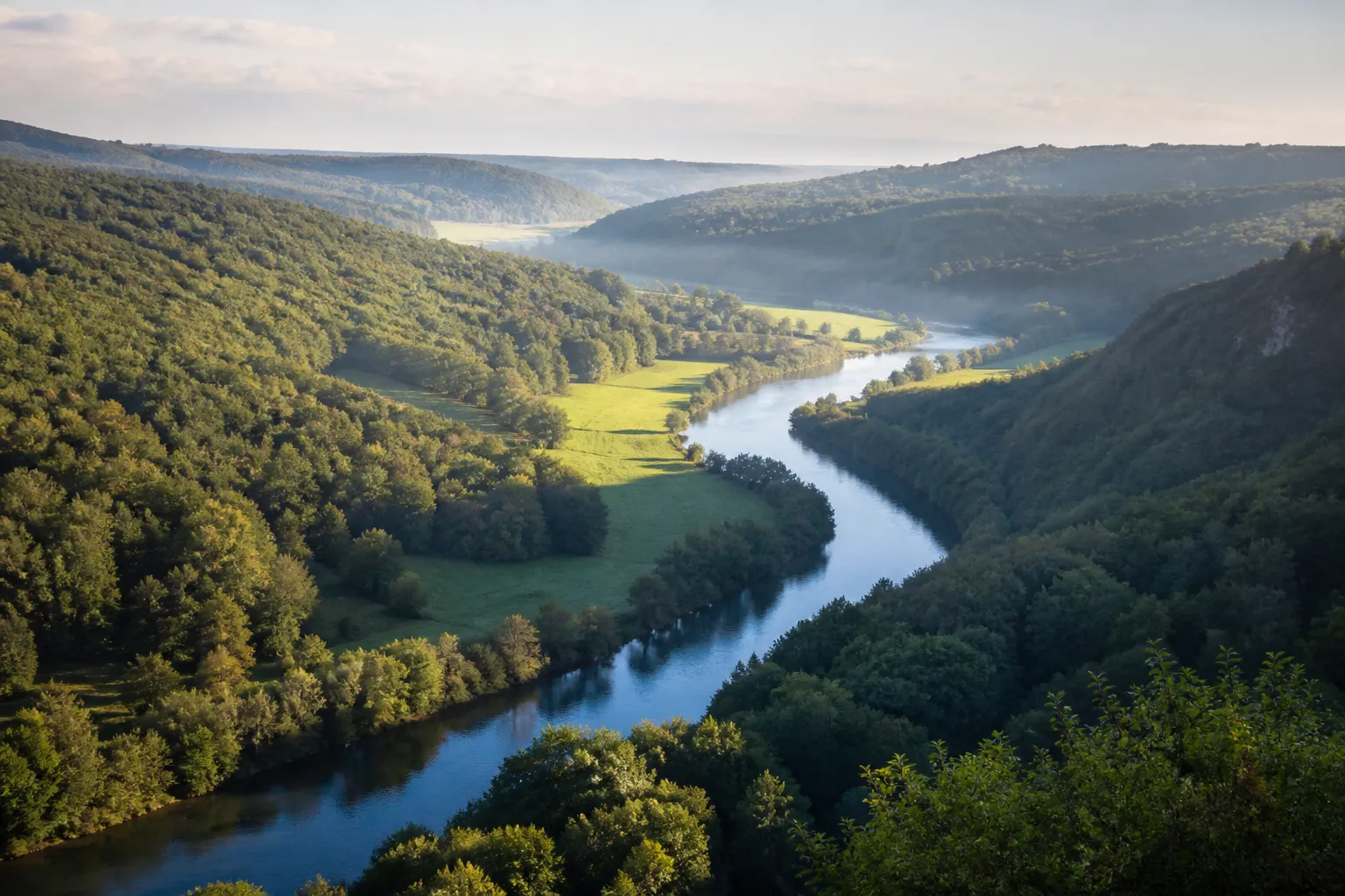 Rivière sinueuse en fond de vallée boisée