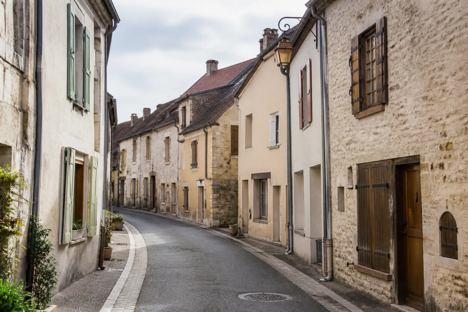 Rue de bourg avec maisons mitoyennes en pierre