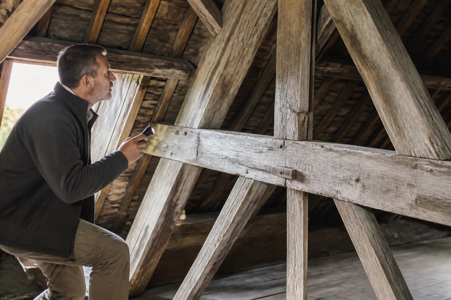 Expert observant une charpente en chêne dans des combles