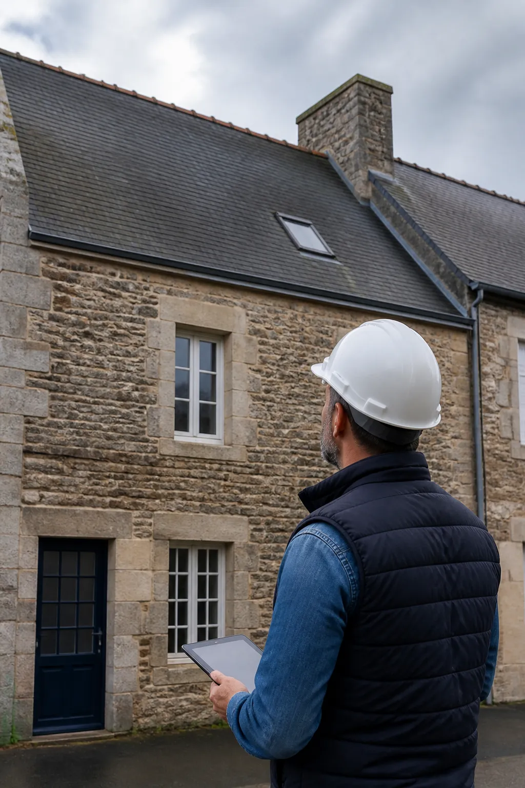 Expert en bâtiment examinant la façade d’une maison en pierre en Mayenne