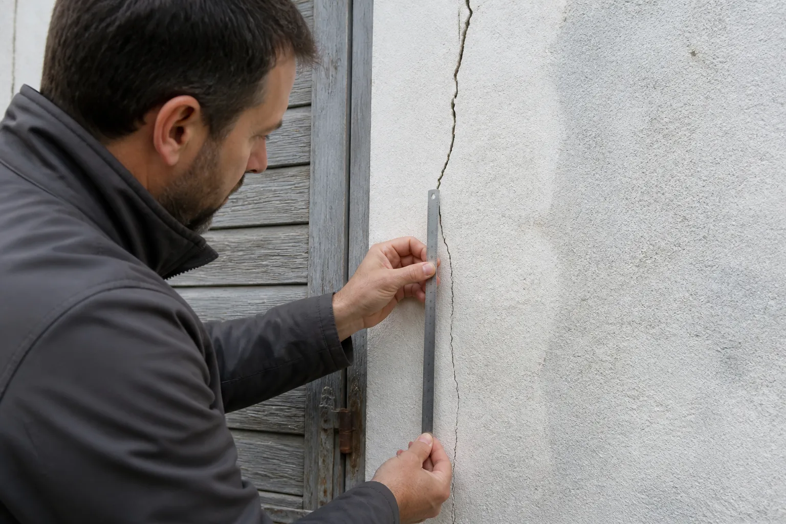 Mur de maison présentant une fissure observée par un expert