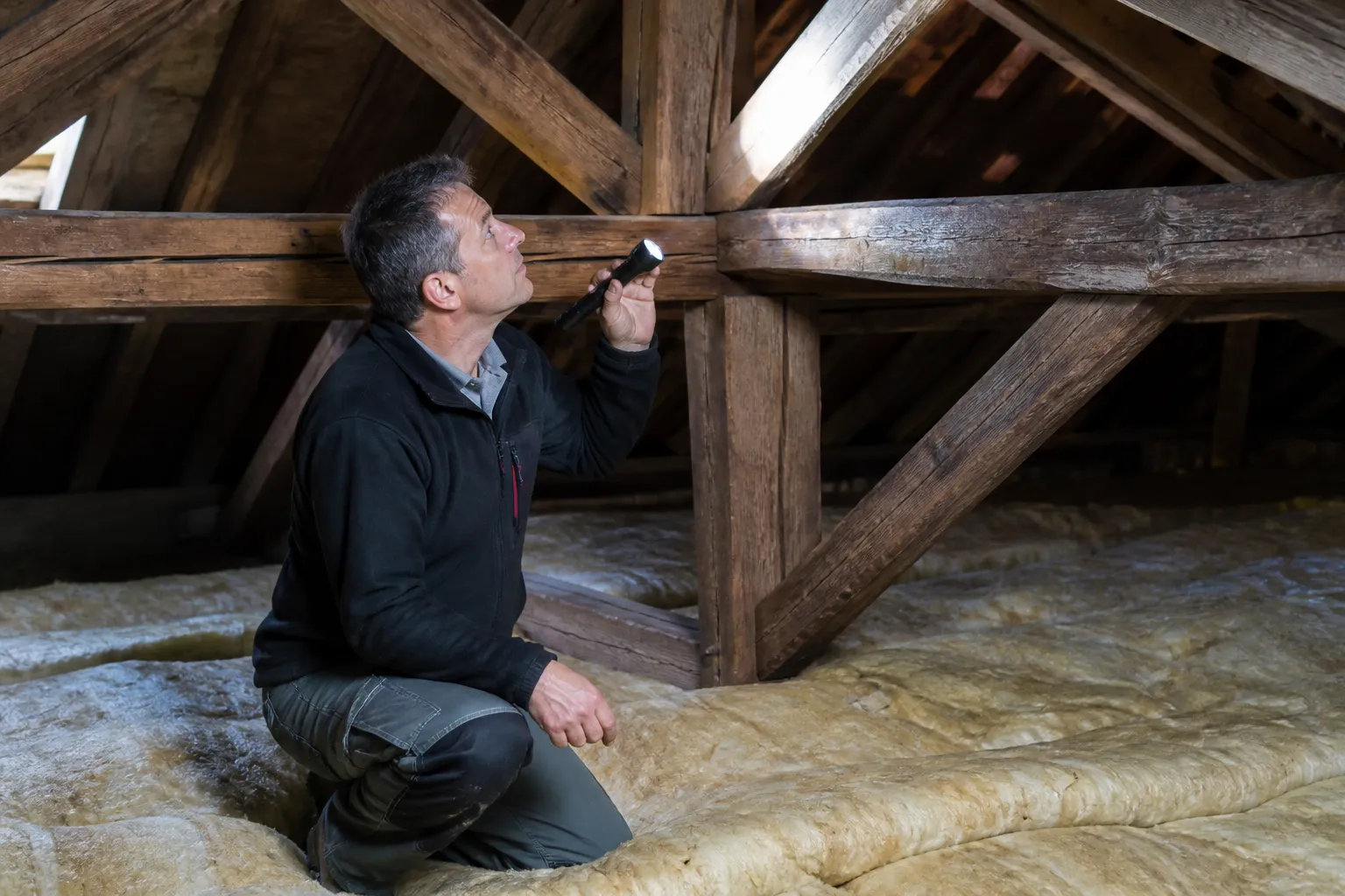 Combles avec charpente en bois inspectée à la lampe