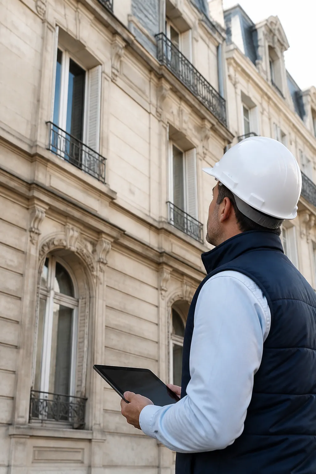 Expert en bâtiment devant un immeuble ancien en pierre calcaire