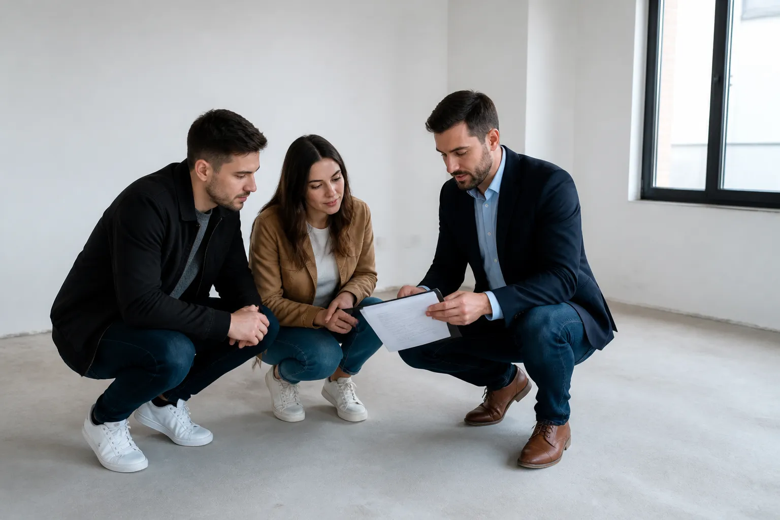 Expert expliquant un rapport à un couple d’acheteurs