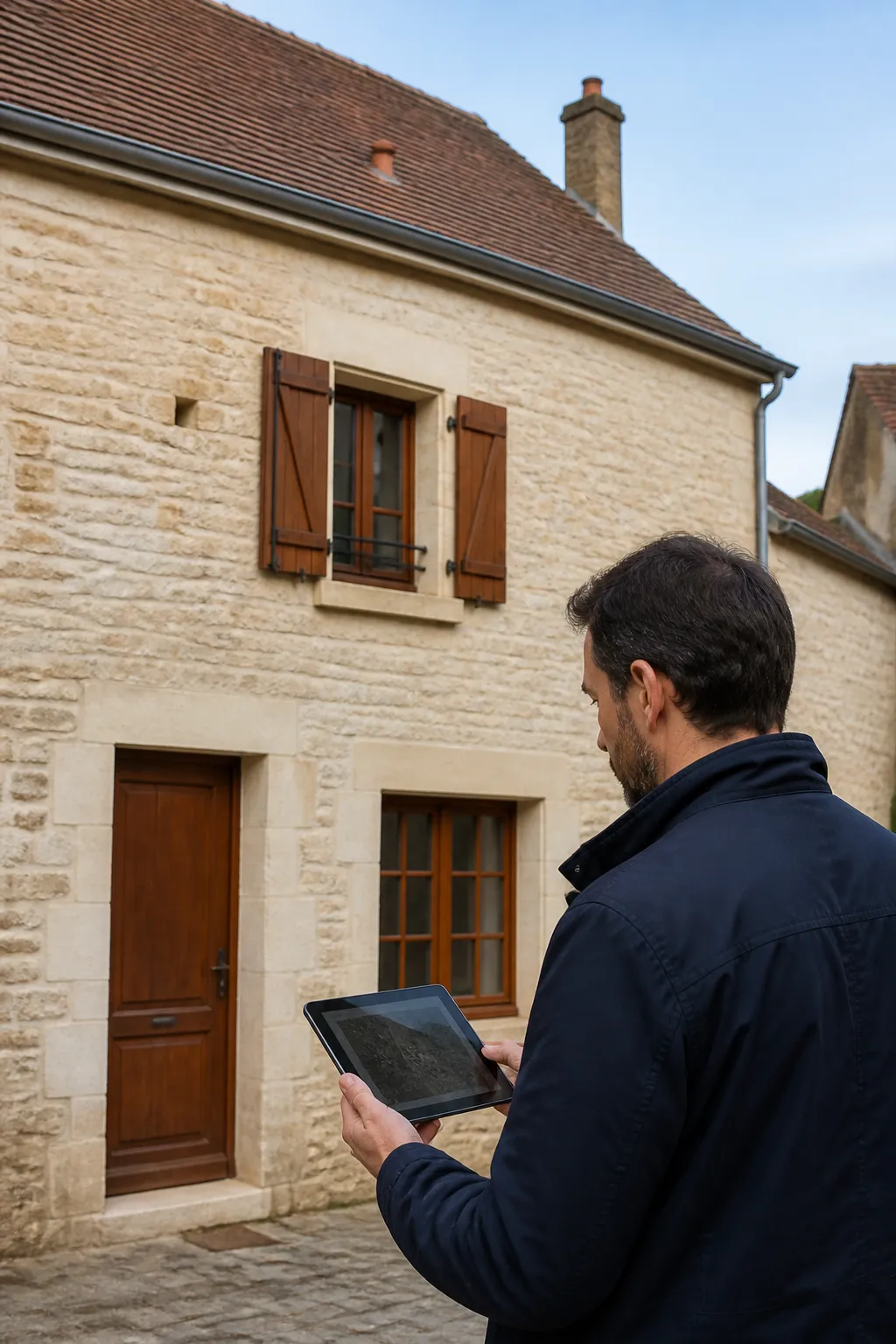 Expert en bâtiment devant une maison de bourg en pierre calcaire