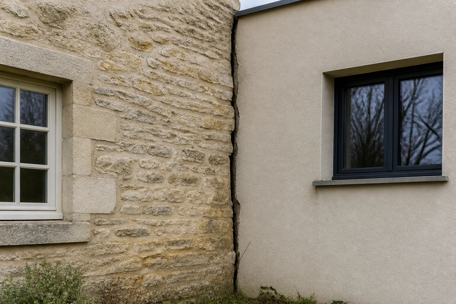 Mur de maison présentant un décalage entre deux parties du bâti