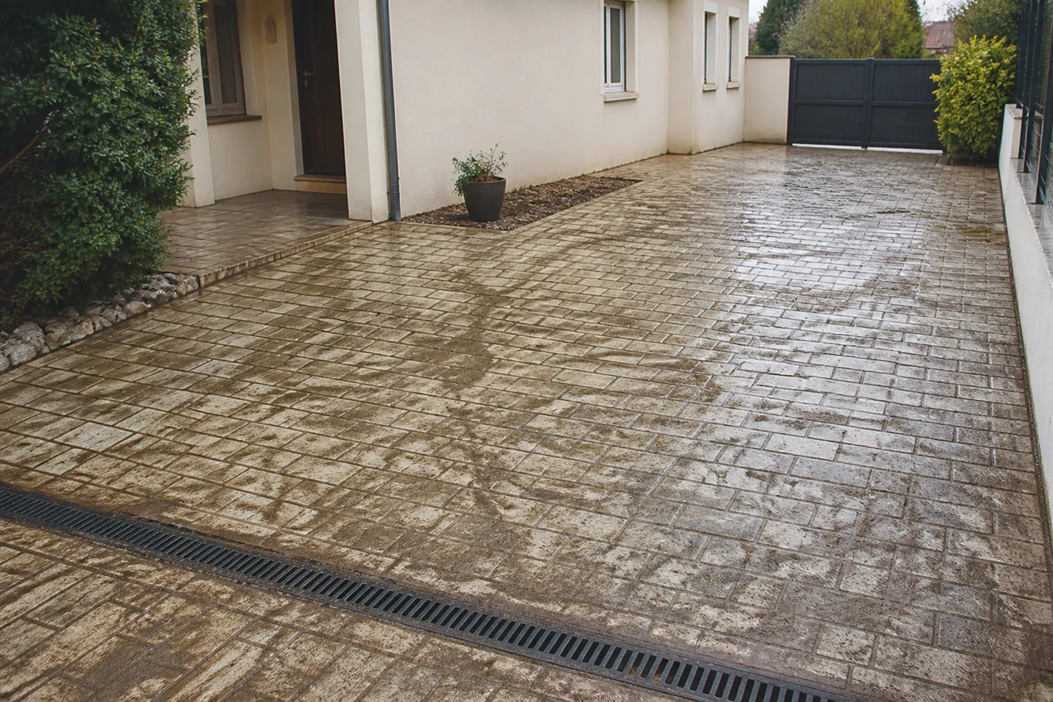 Cour de maison avec traces de coulée de boue après un orage
