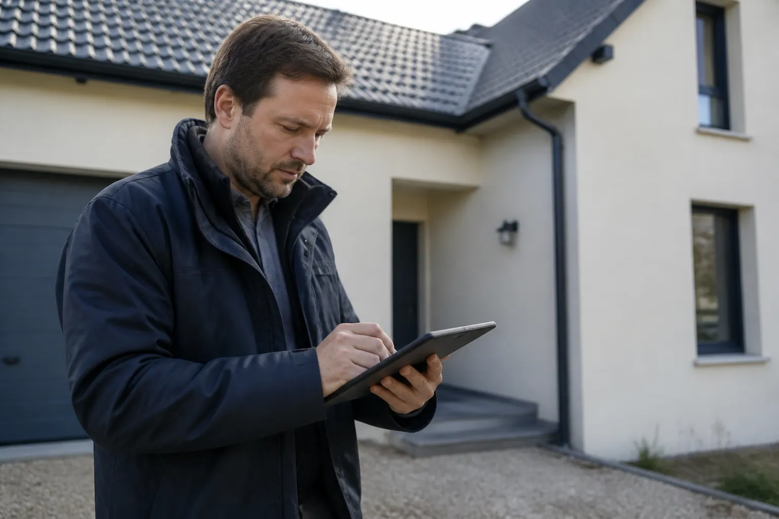 Expert en bâtiment prenant des notes devant une maison