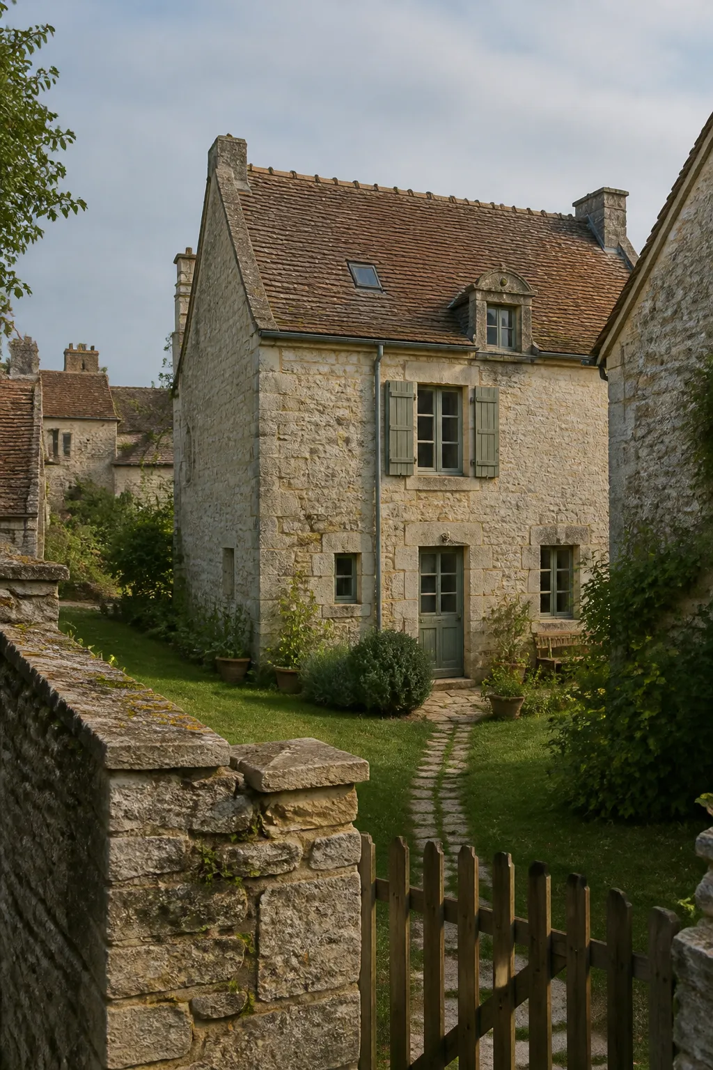 Maison ancienne en pierre calcaire avec toit de tuiles plates en Bourgogne
