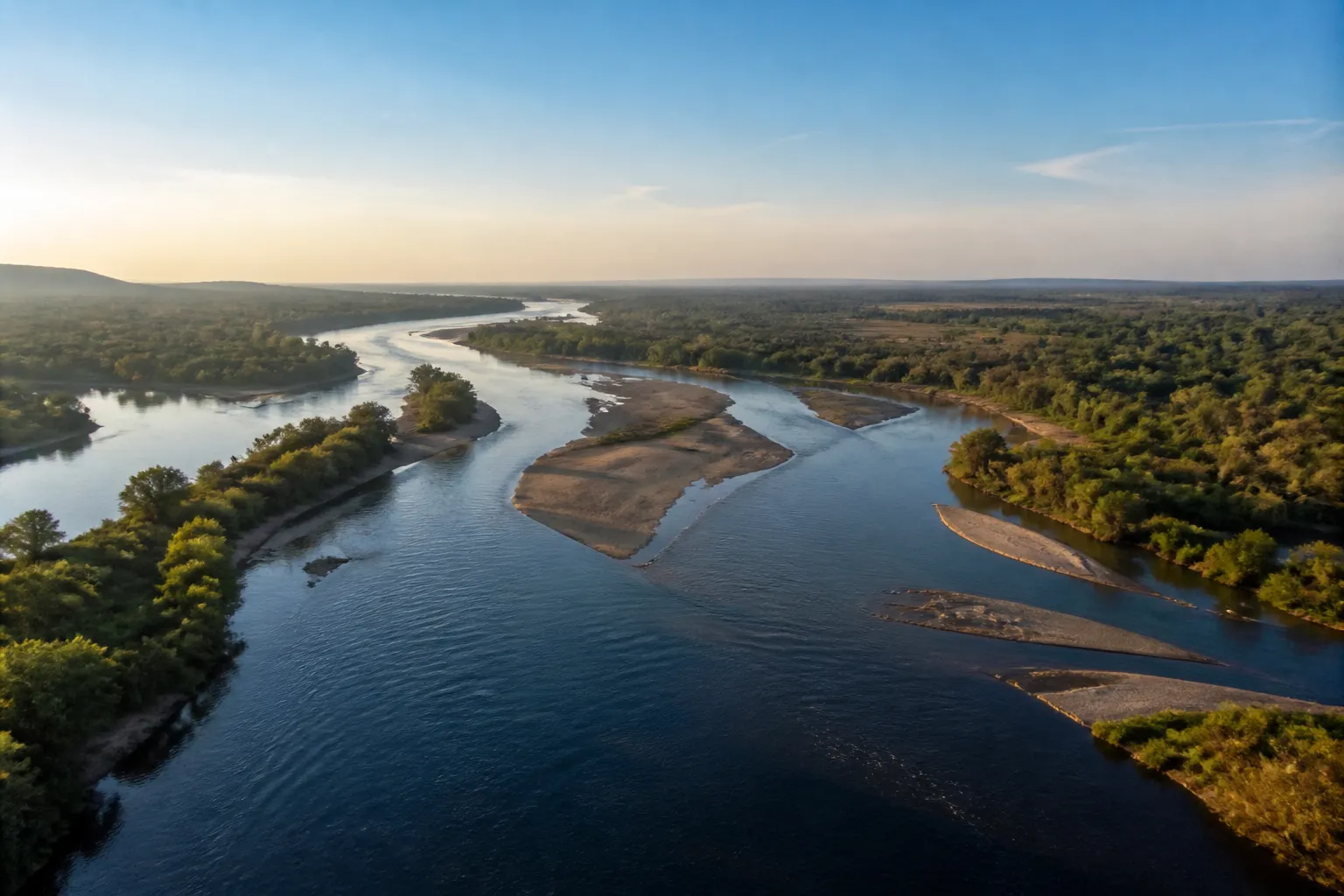 Fleuve large avec bancs de sable et rives boisées