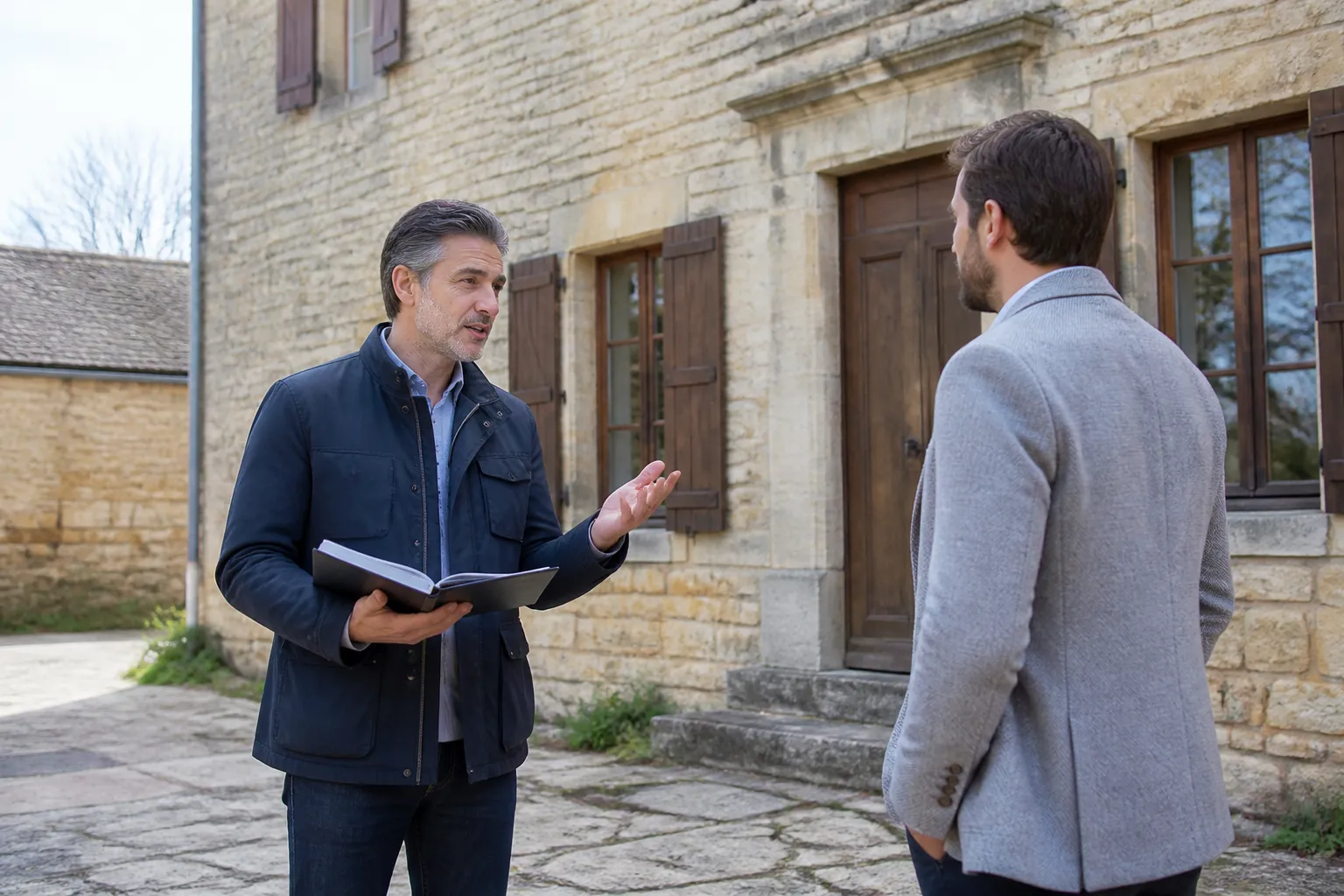 Expert et acheteur discutant devant une maison