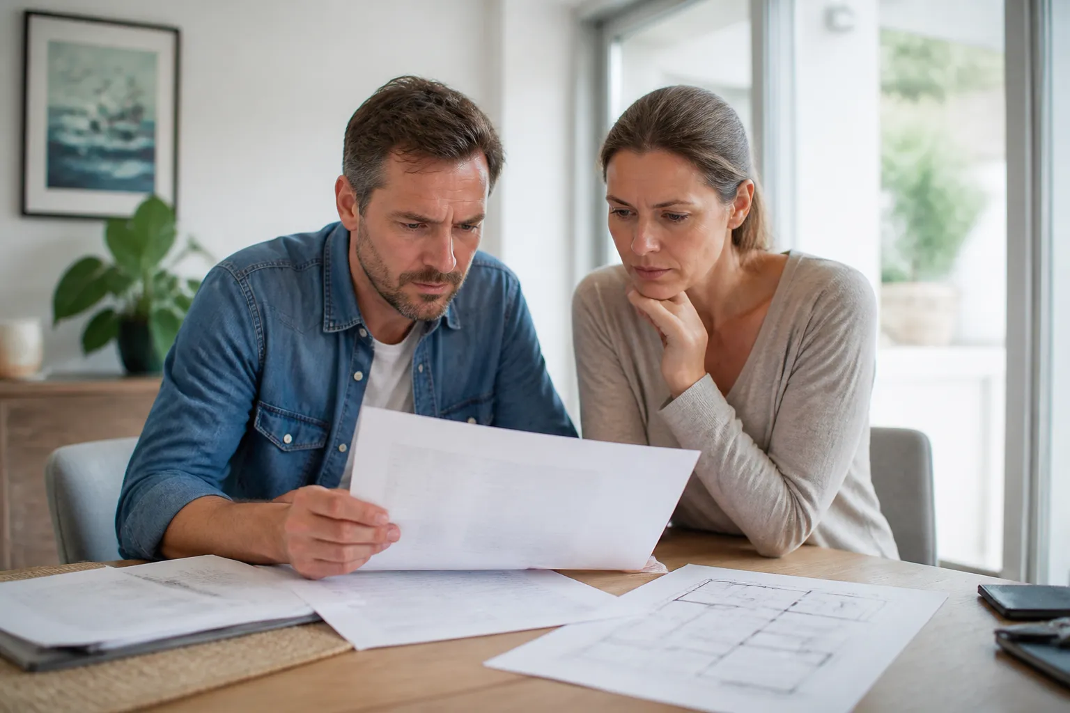 Couple lisant un rapport d’expertise à une table