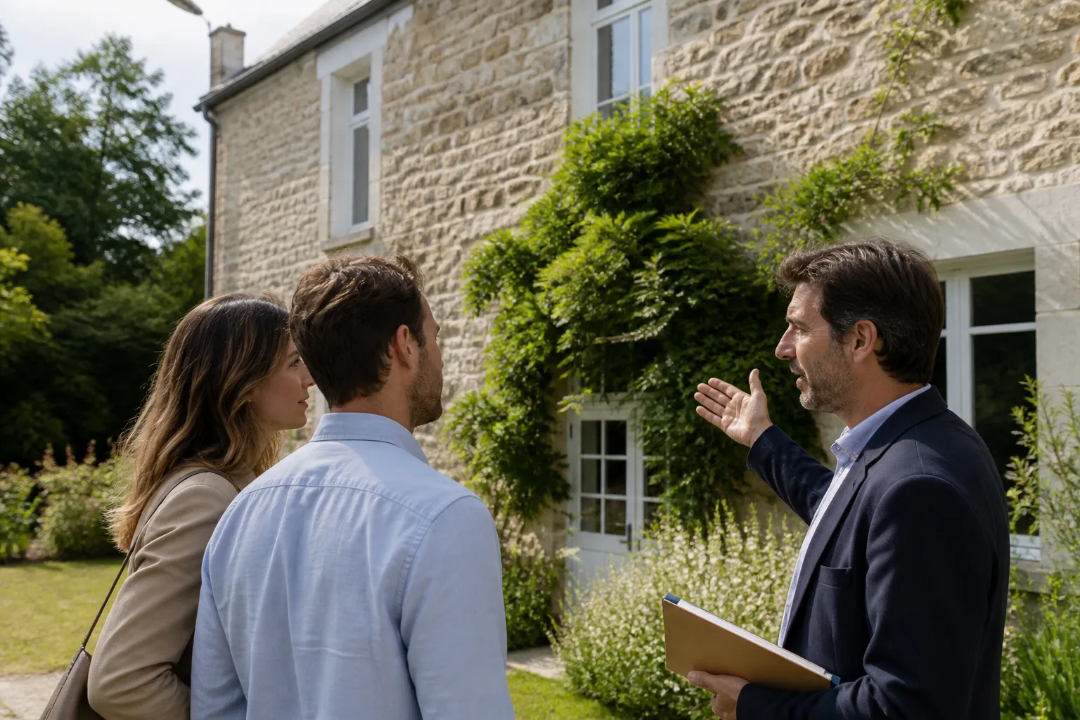 Acheteurs écoutant un expert devant une maison