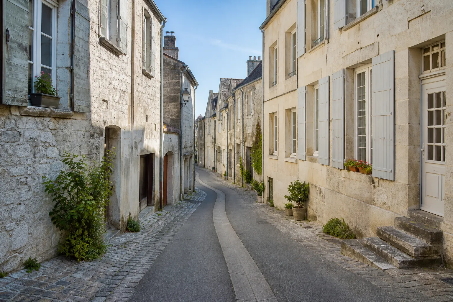Rue de centre ancien avec façades en pierre