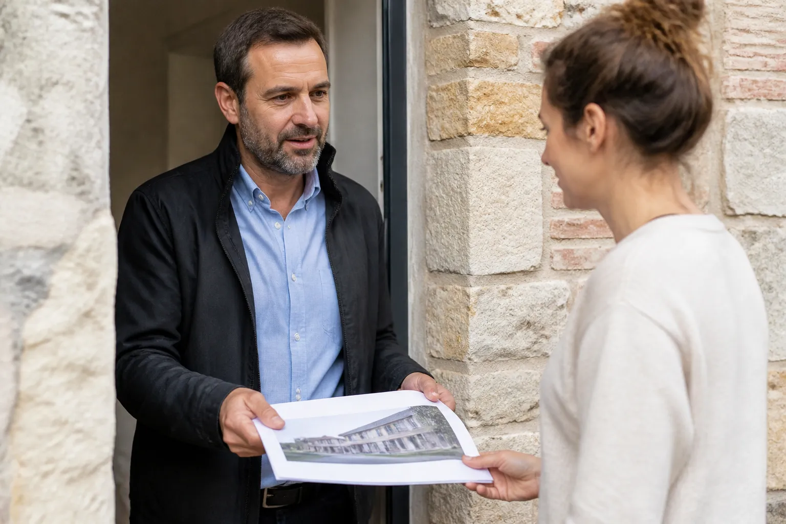 Expert remettant un rapport à un acheteur