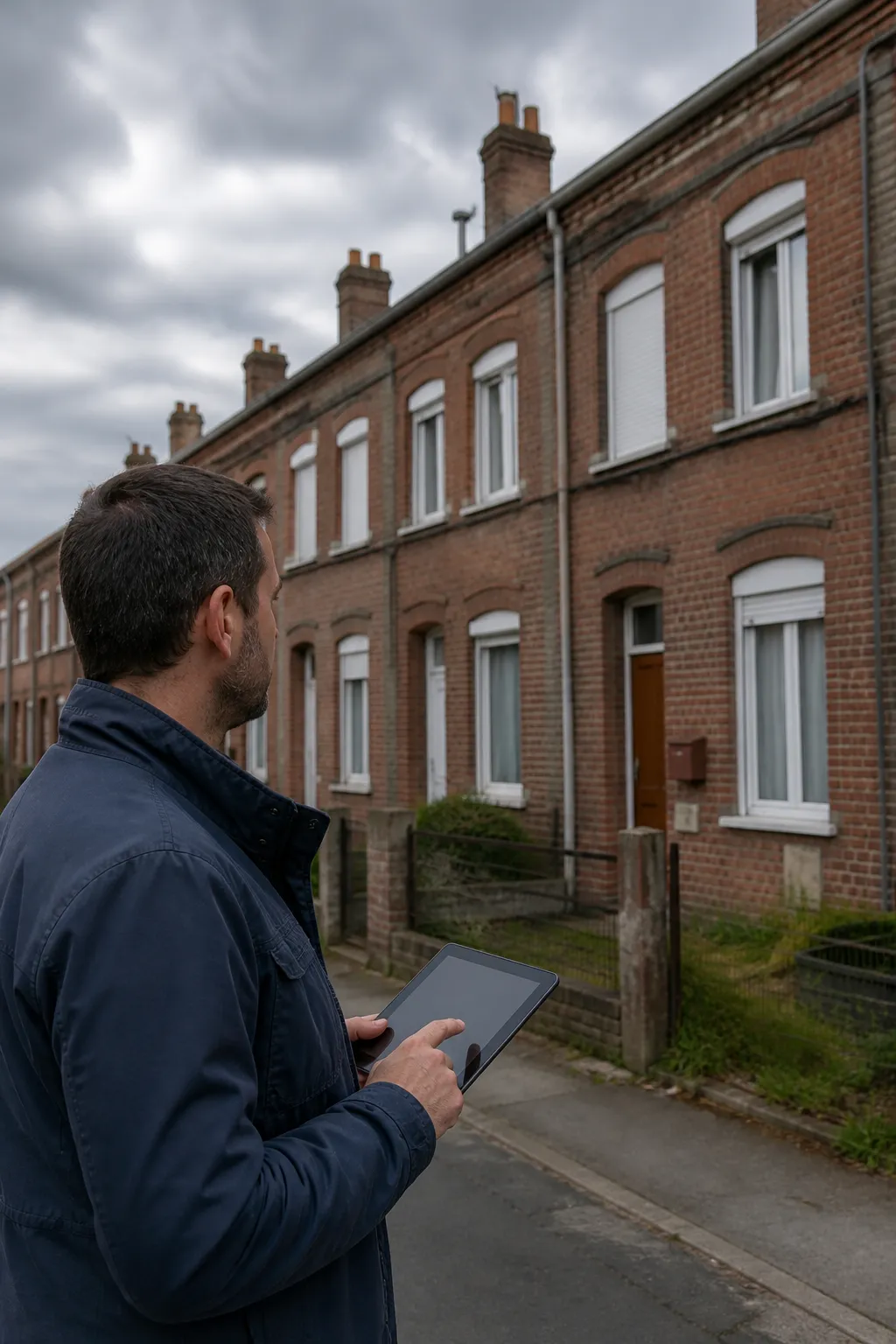 Expert en bâtiment devant une rangée de maisons en brique dans le Pas-de-Calais