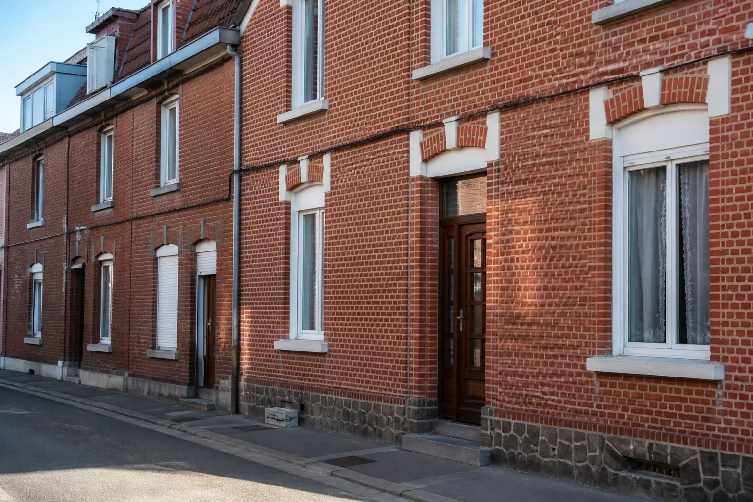 Façade de maison mitoyenne en brique observée lors d’un bilan avant achat