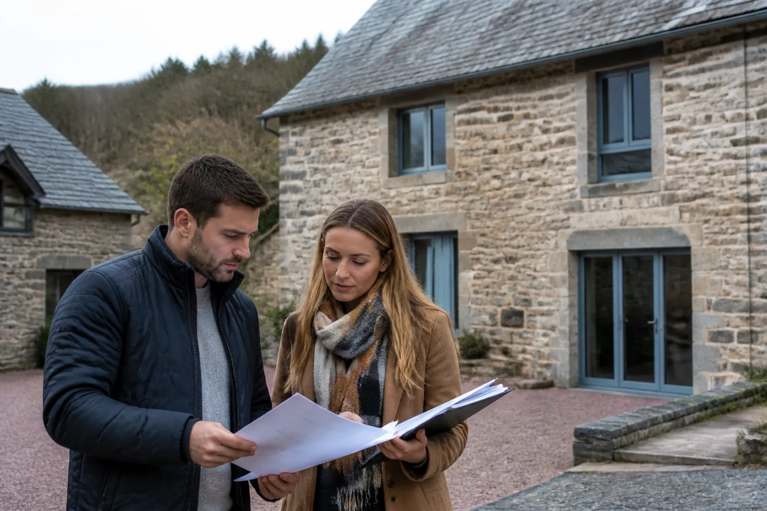Expert et acheteurs consultant un plan devant une maison