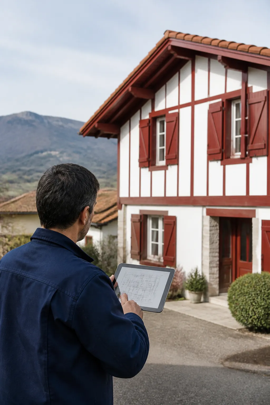 Expert en bâtiment devant une maison aux volets colorés dans les Pyrénées-Atlantiques