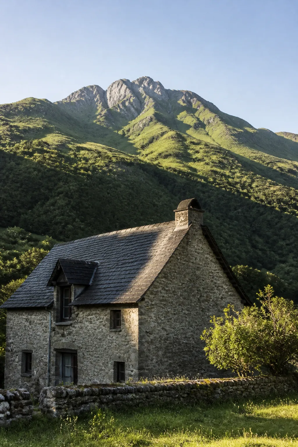 Maison ancienne en pierre au pied des montagnes dans les Hautes-Pyrénées