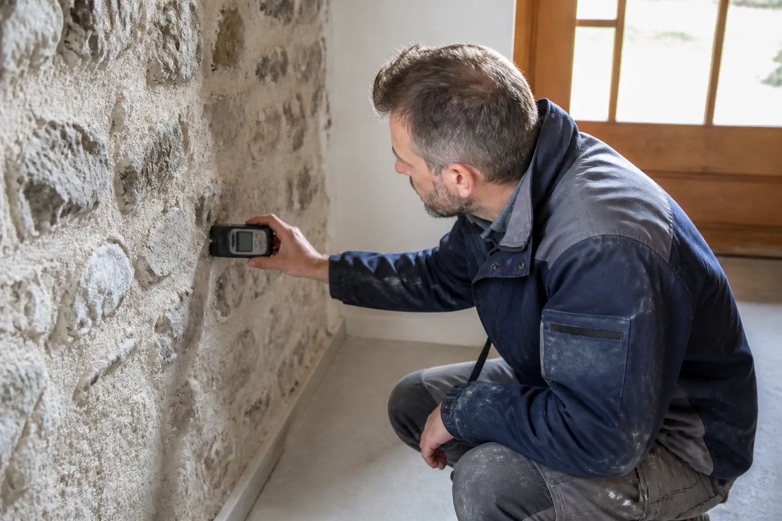 Expert en bâtiment mesurant l’humidité d’un mur intérieur