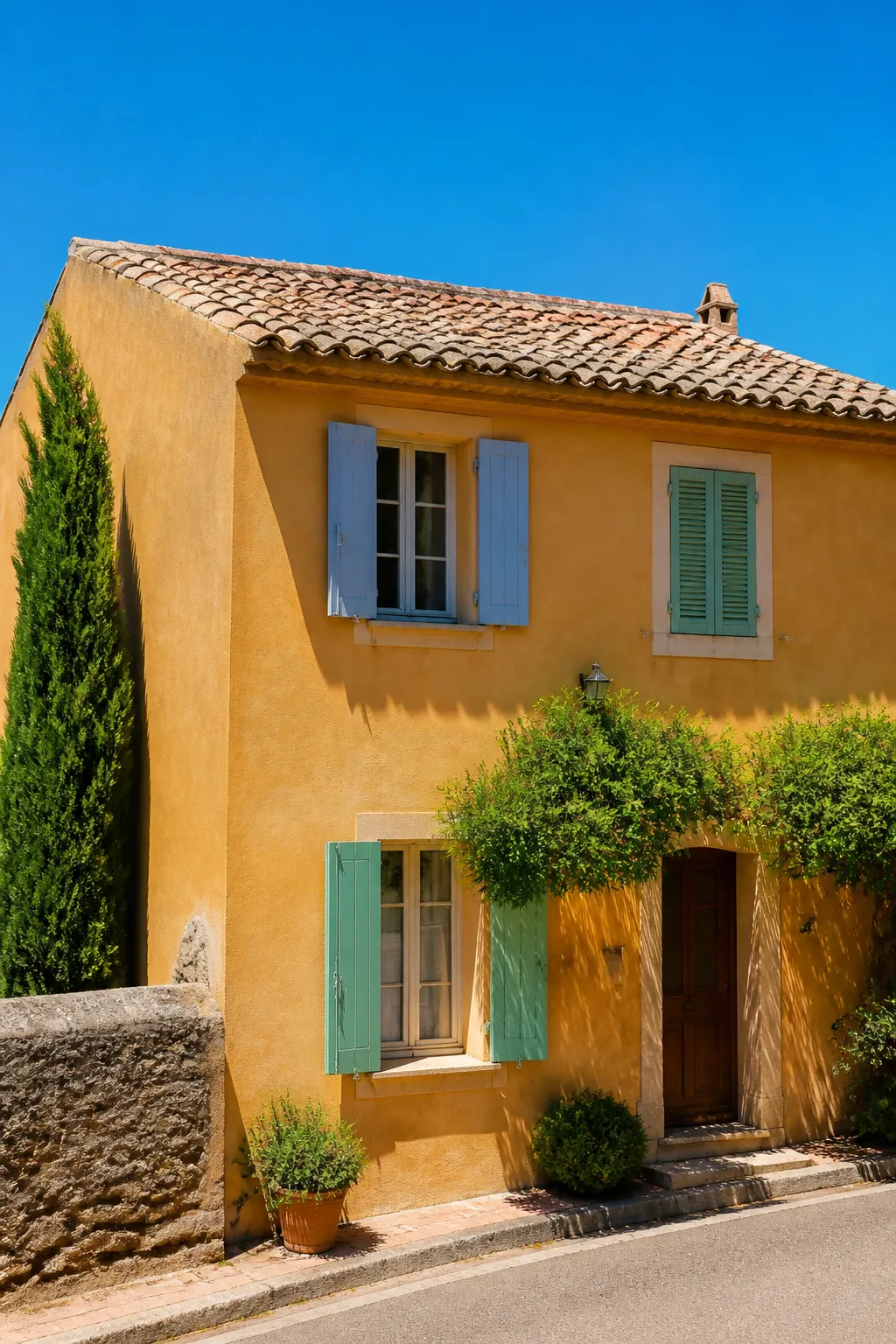 Maison de village enduite avec volets colorés avant un achat dans les Pyrénées-Orientales