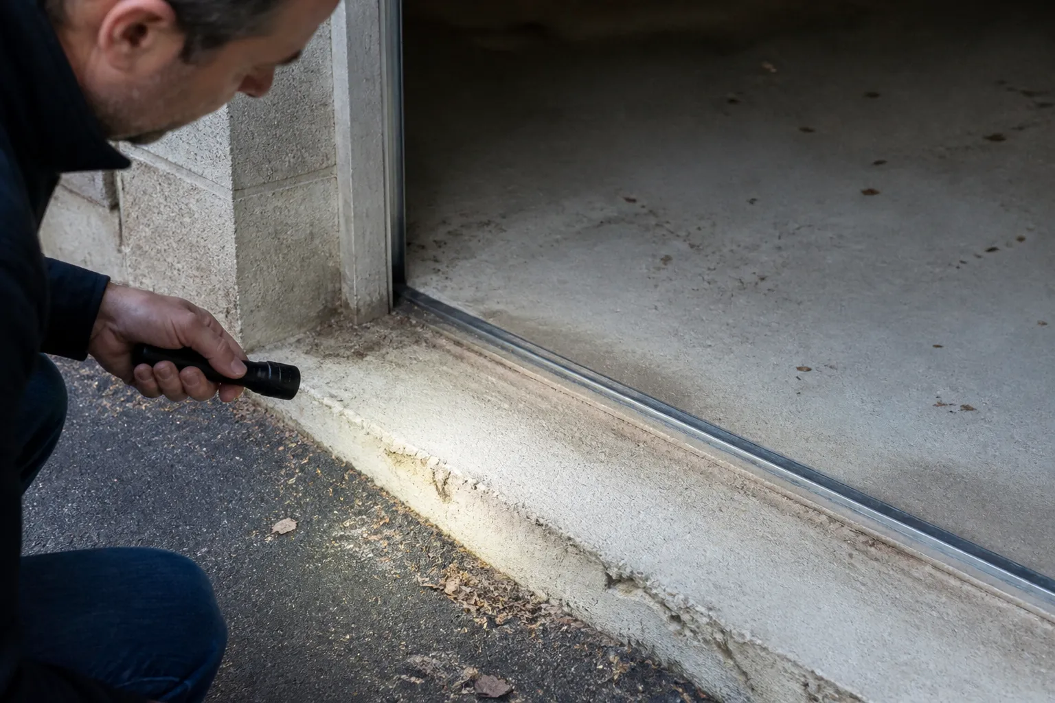 Expert en bâtiment observant le seuil d’une porte de garage en sous-sol