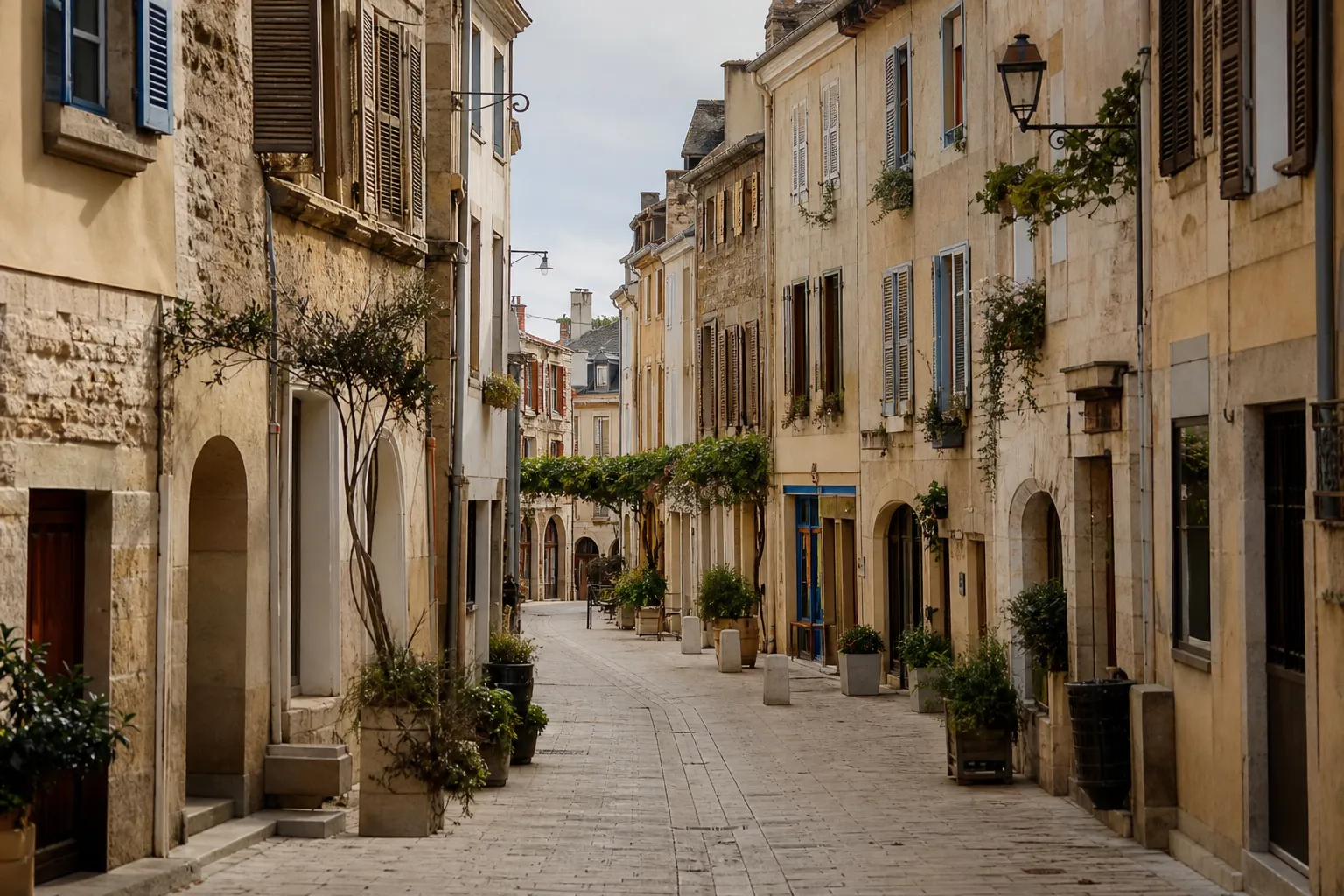 Façades anciennes restaurées dans une rue piétonne de centre historique