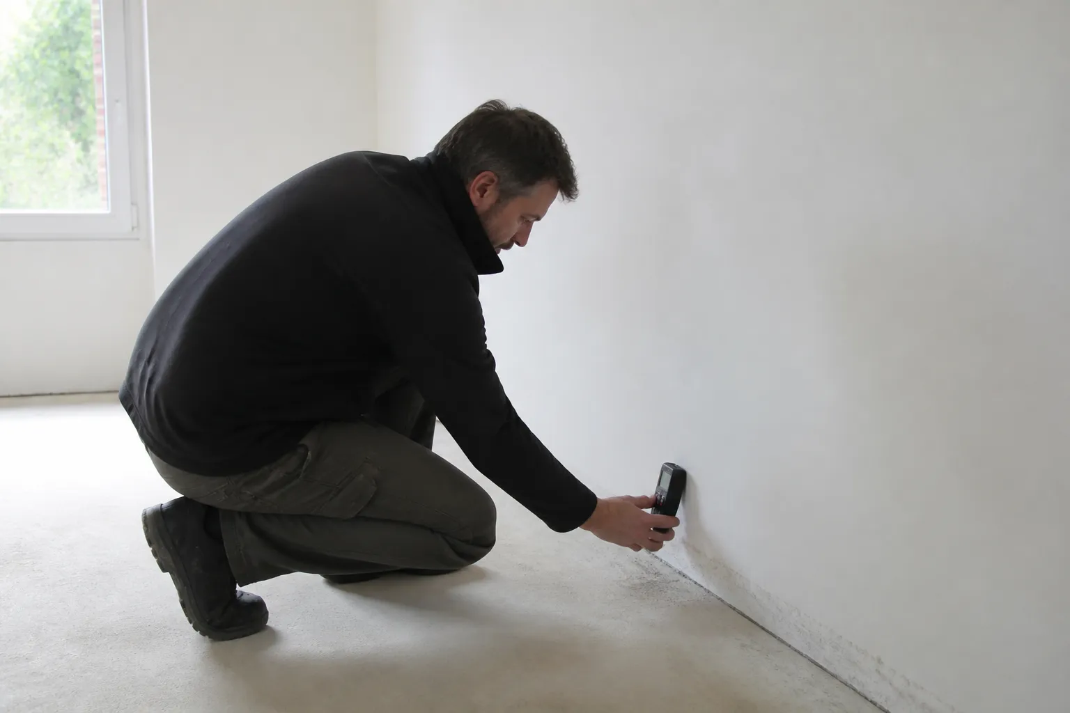 Expert relevant des mesures d’humidité au pied d’un mur intérieur
