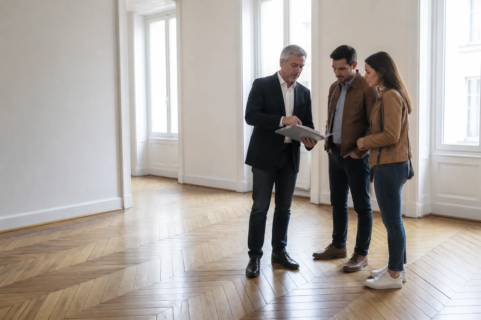 Expert remettant un rapport à des acheteurs dans un appartement vide