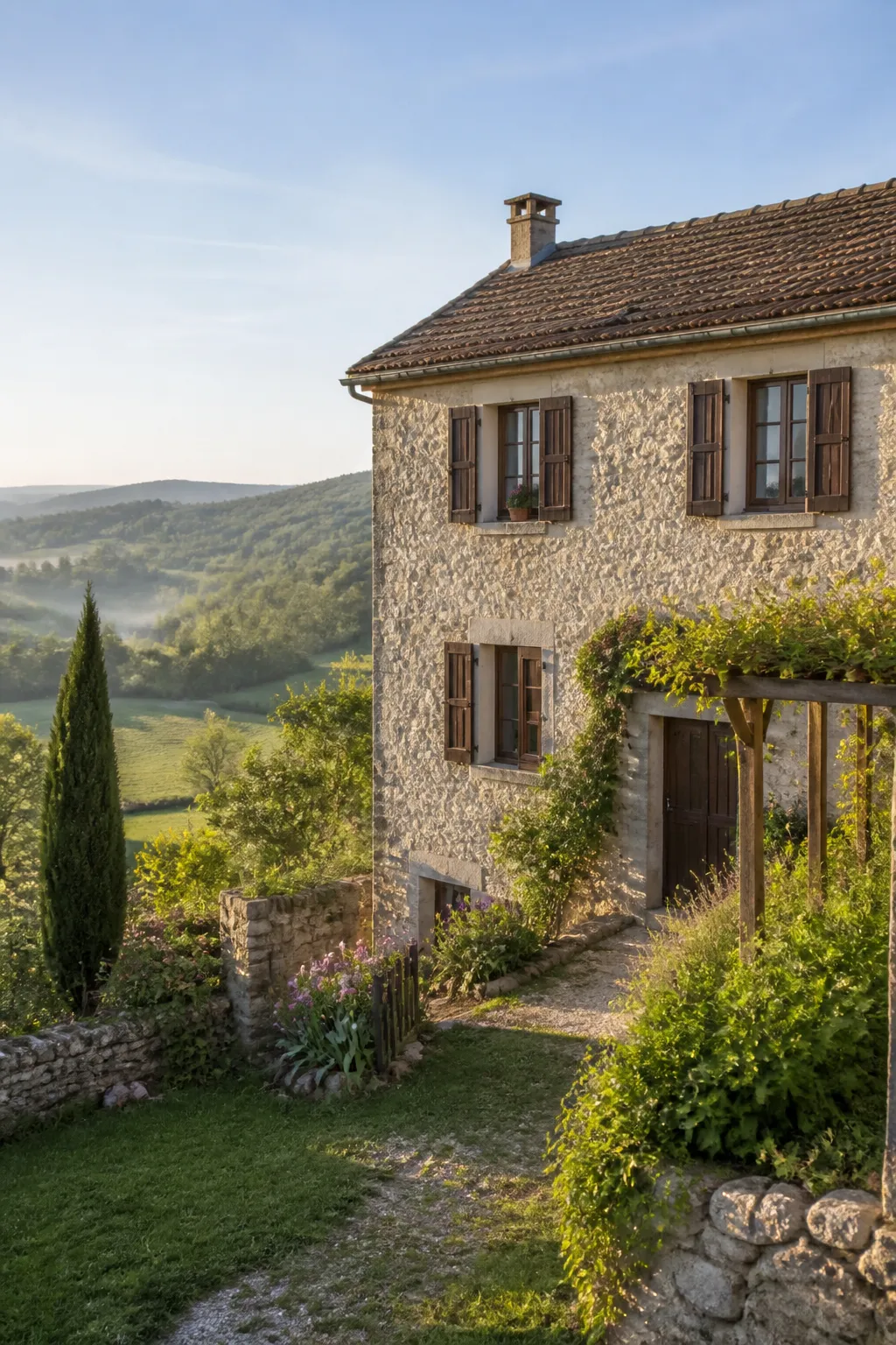 Maison de village en pierre calcaire avec volets en bois