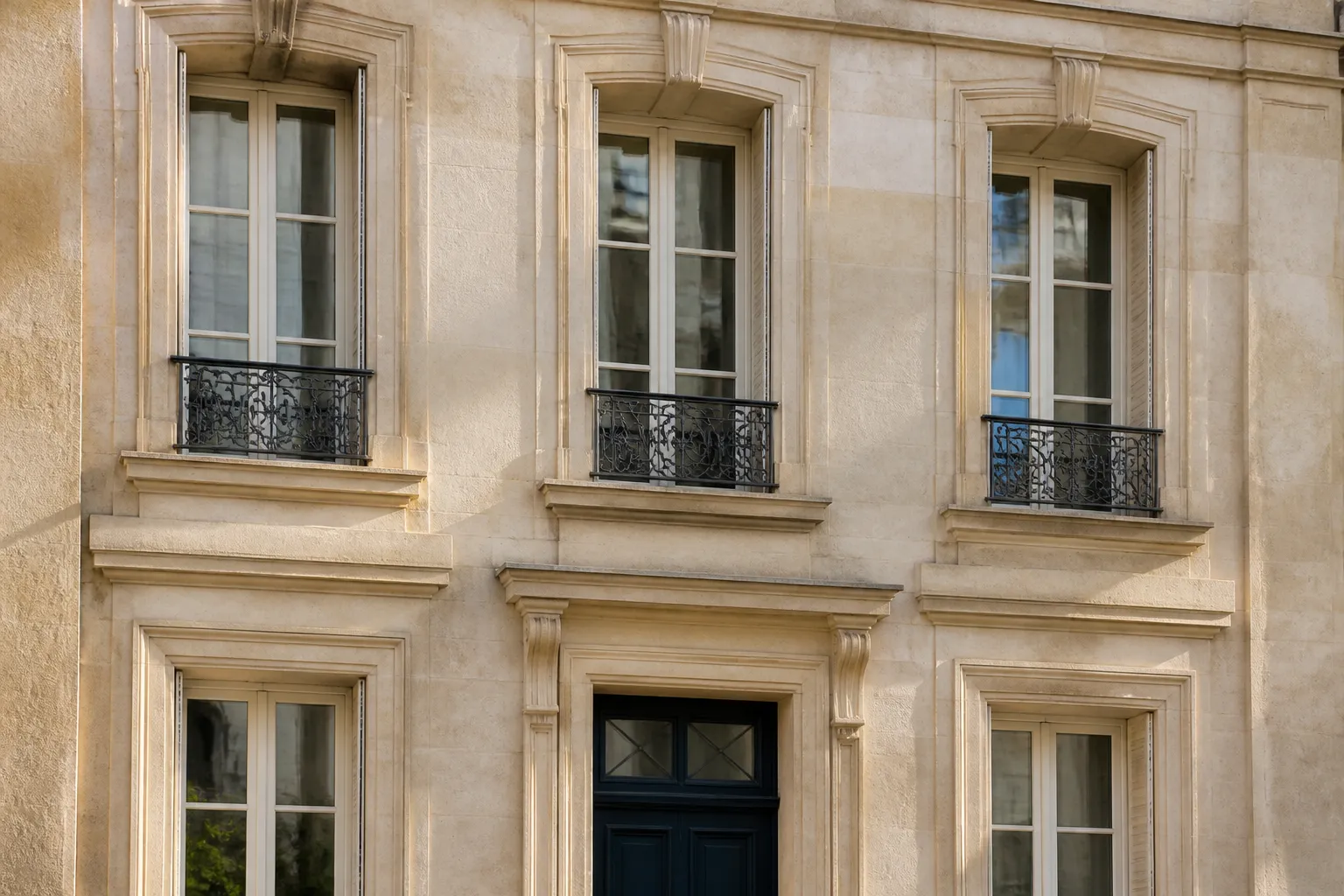 Façade en pierre calcaire avec fenêtres à encadrement mouluré