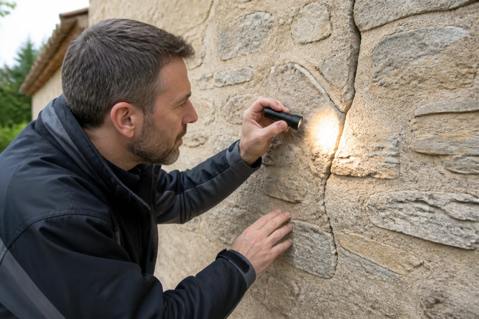 Expert examinant une fissure sur un mur en pierre