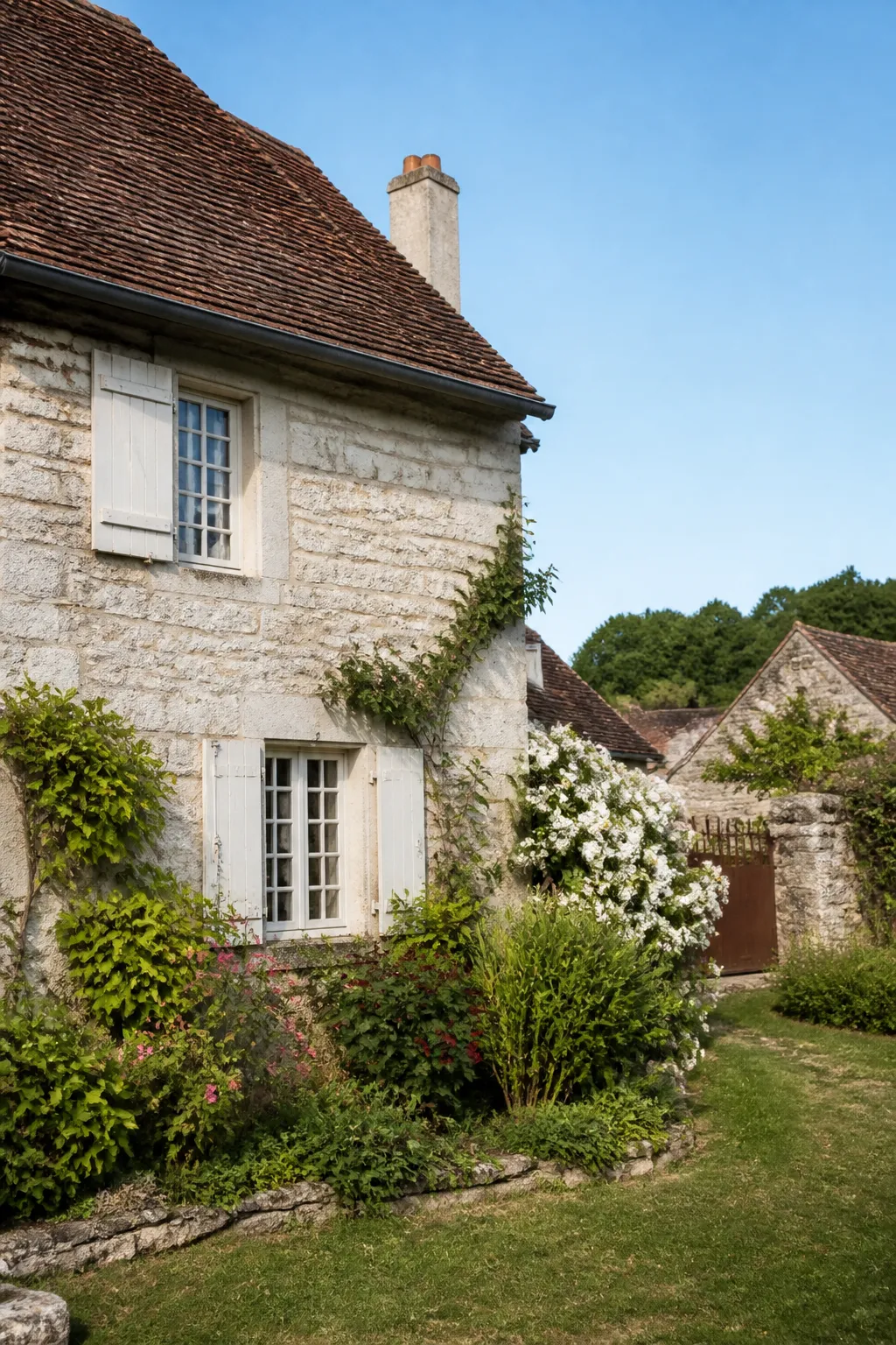 Maison ancienne en pierre avec toiture en tuiles dans un village de Saône-et-Loire