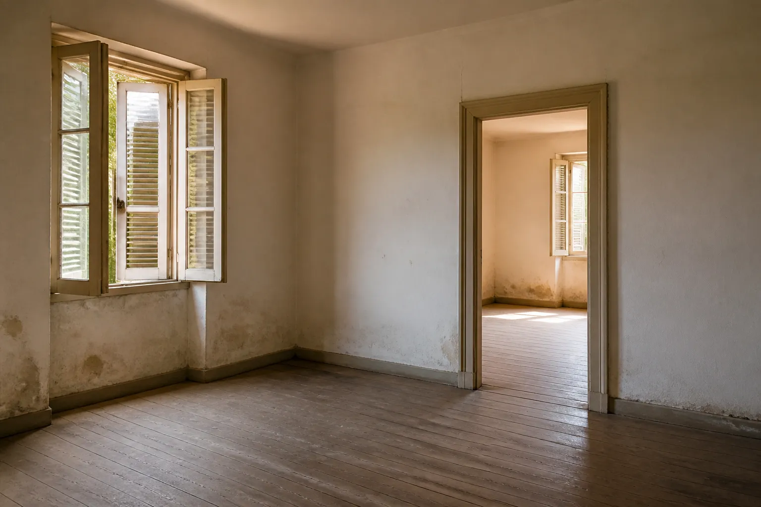 Pièce d’une maison inoccupée avec volets entrouverts avant une visite