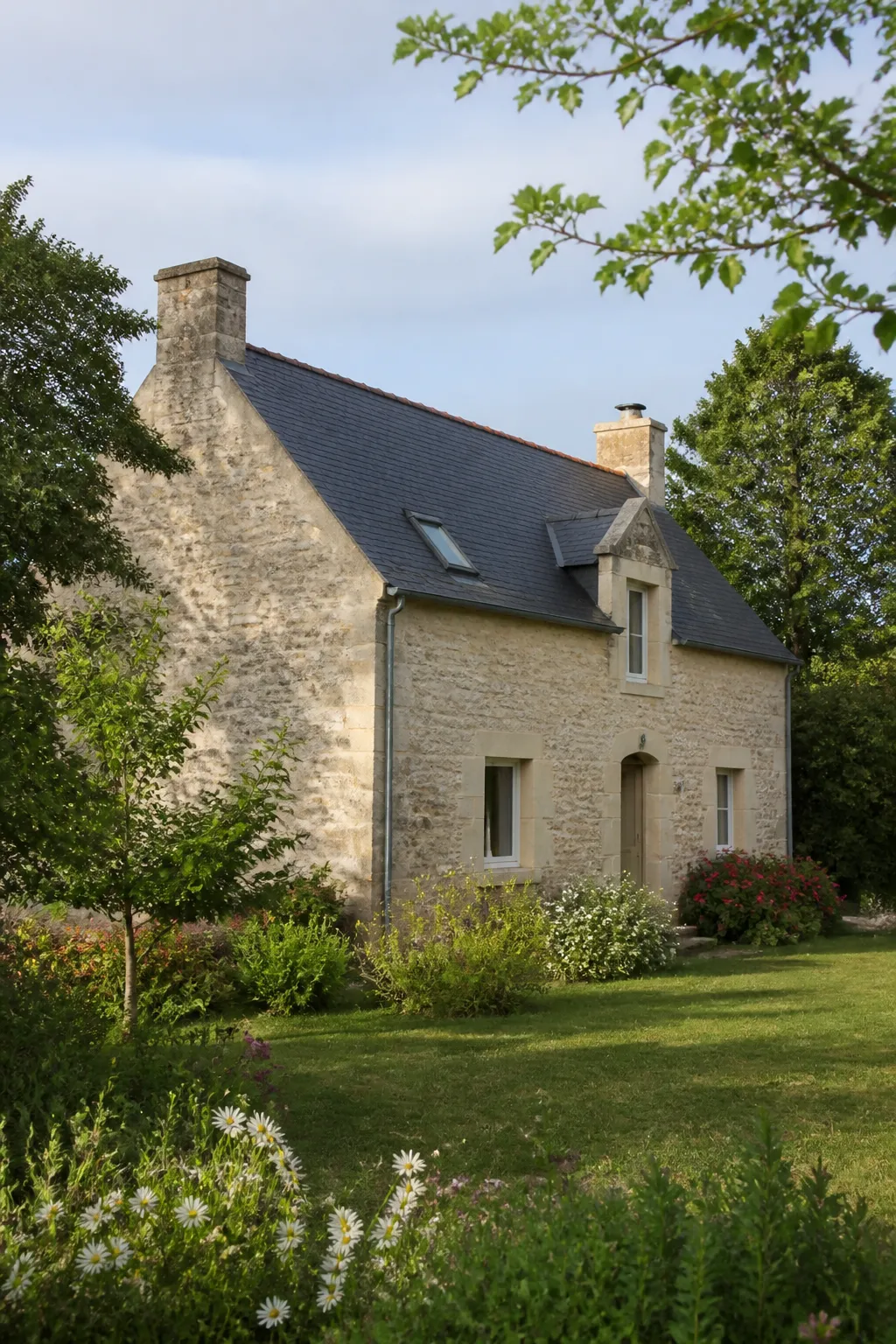 Maison ancienne en pierre avec jardin dans la campagne sarthoise