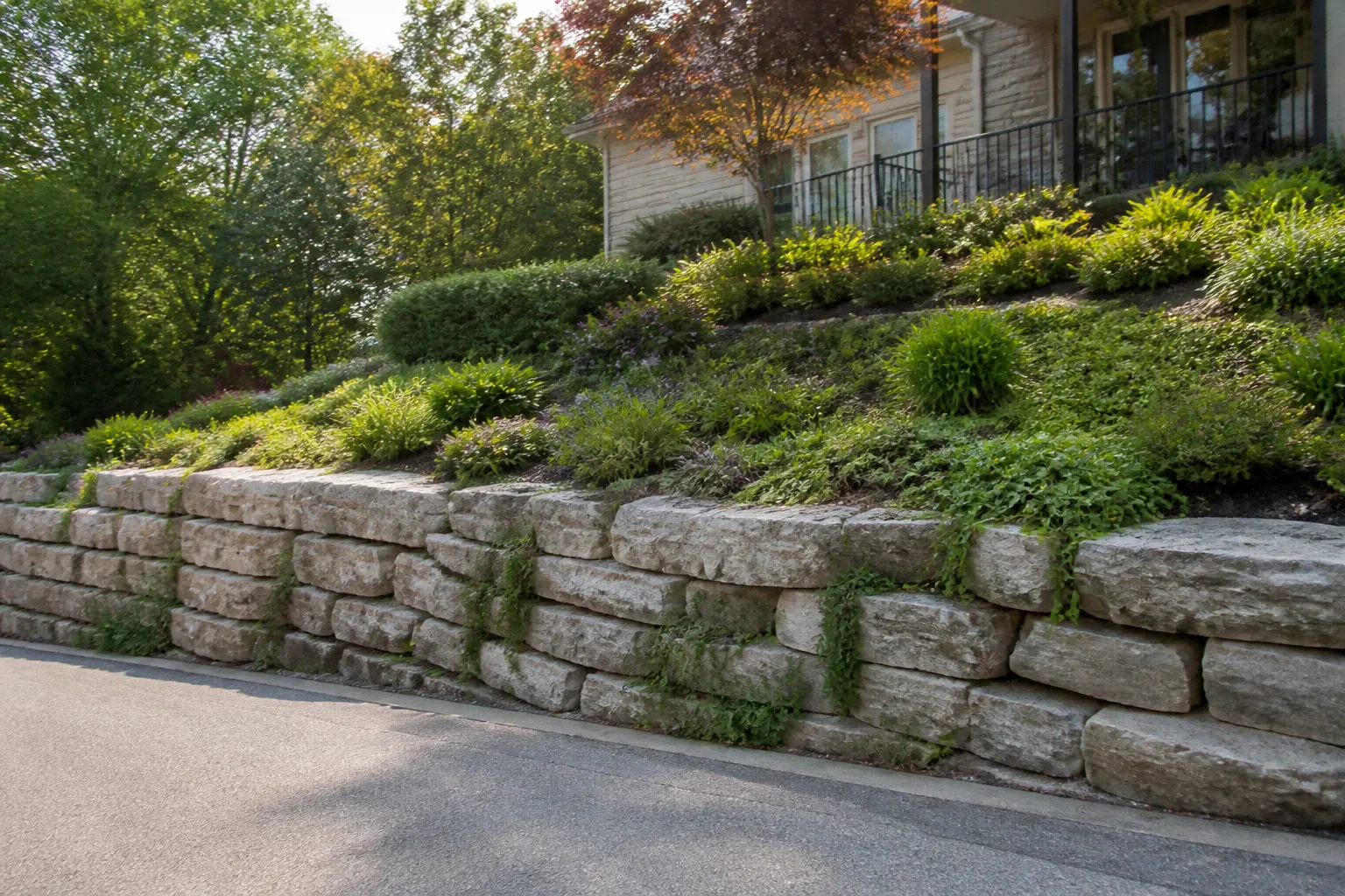 Mur de soutènement en pierre au bas d’un jardin en pente